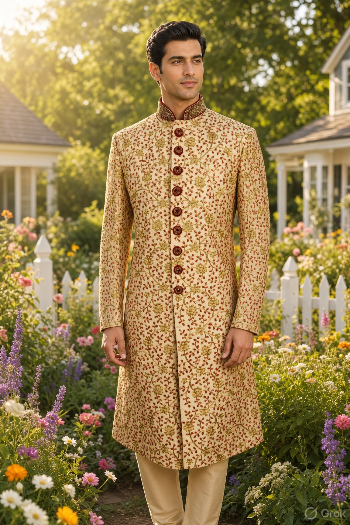 Golden Wedding Groom Sherwani - Red Accent | Sherwani For Men