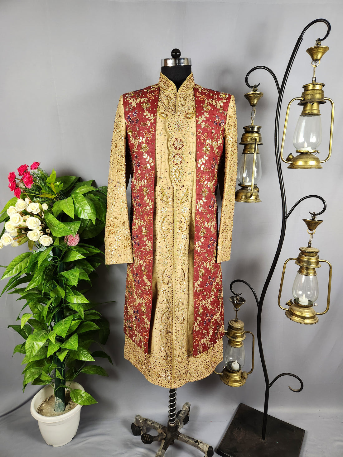 Golden Wedding Groom Sherwani with red Layered jacket 