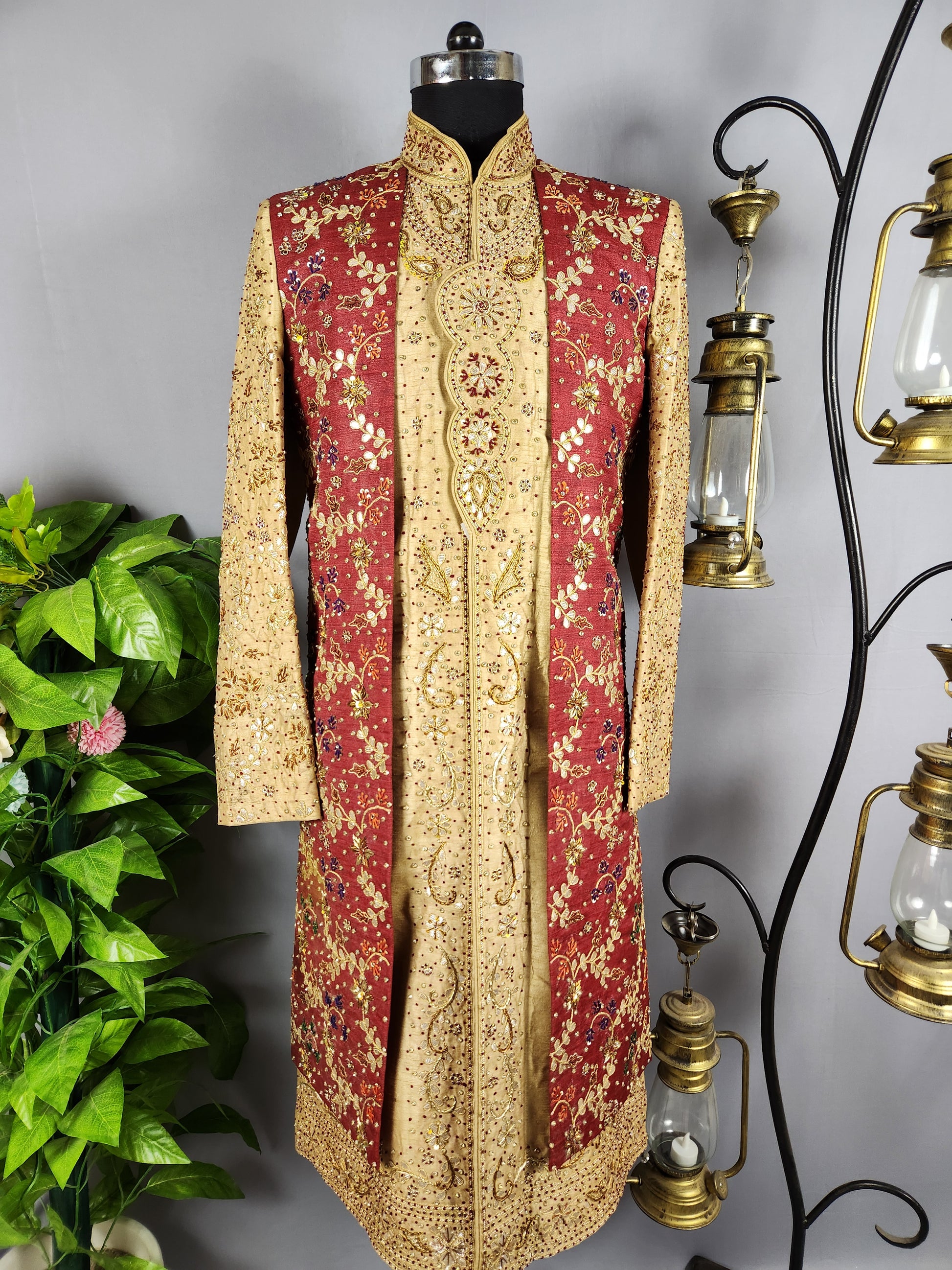 Golden Wedding Groom Sherwani with red Layered jacket 