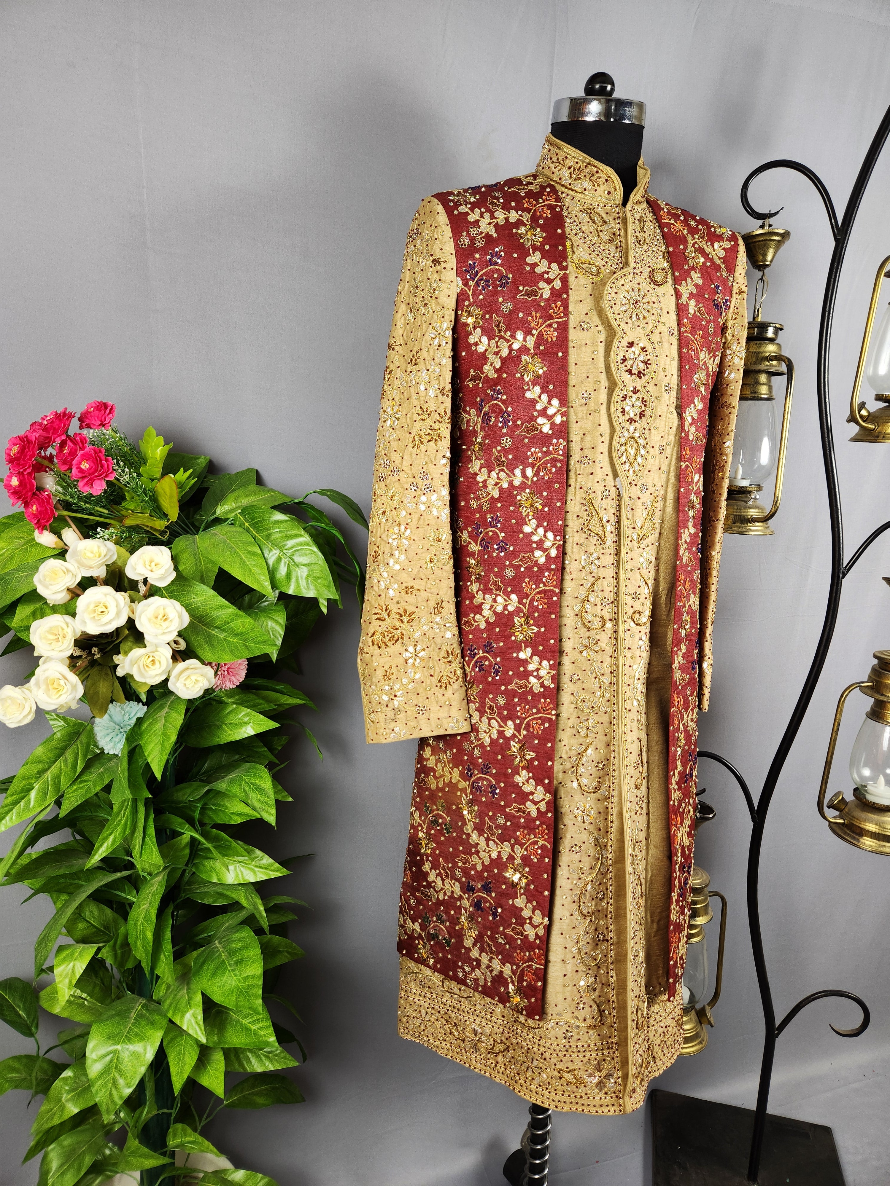 Golden Wedding Groom Sherwani with red Layered jacket 