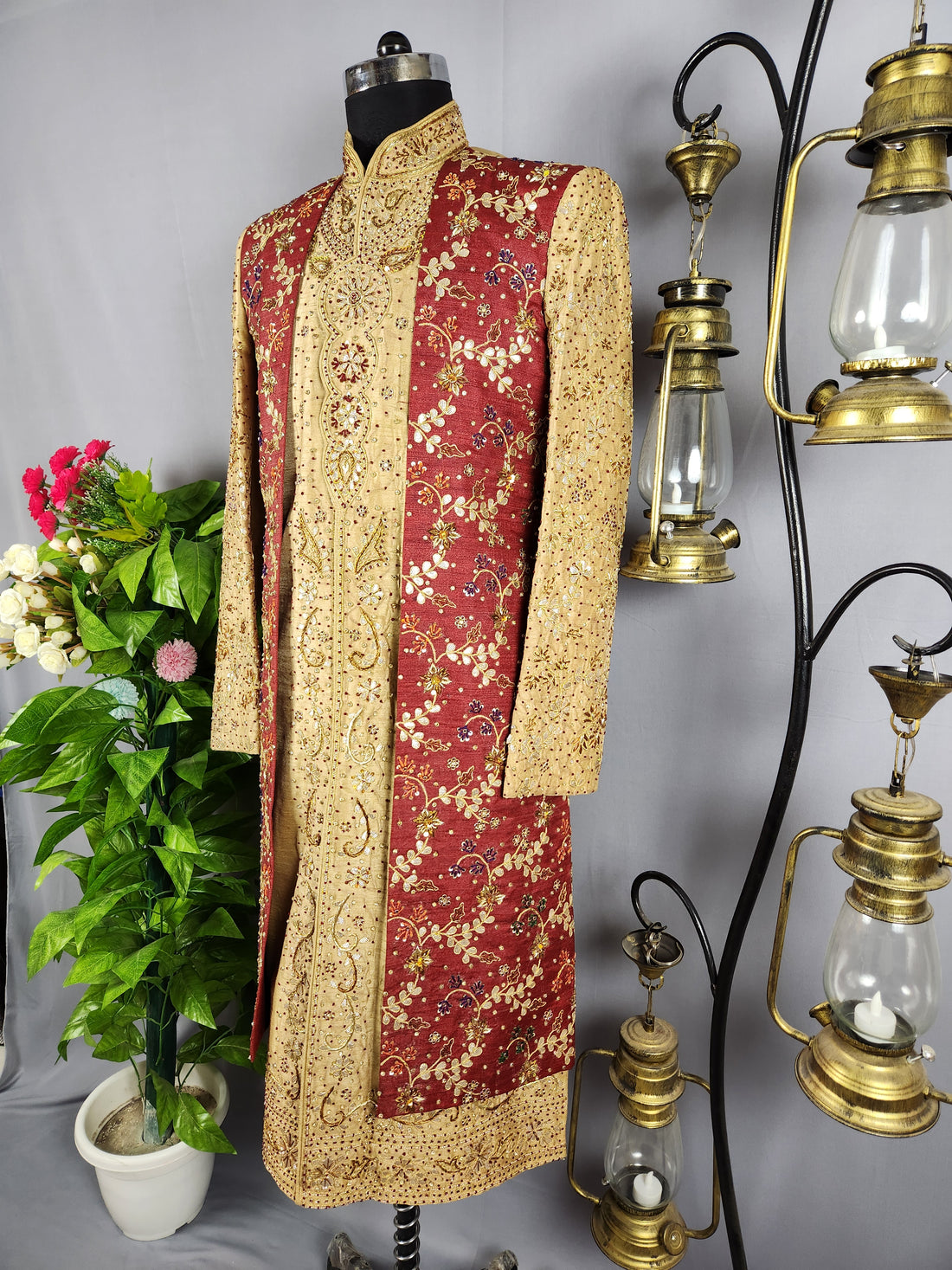 Golden Wedding Groom Sherwani with red Layered jacket 