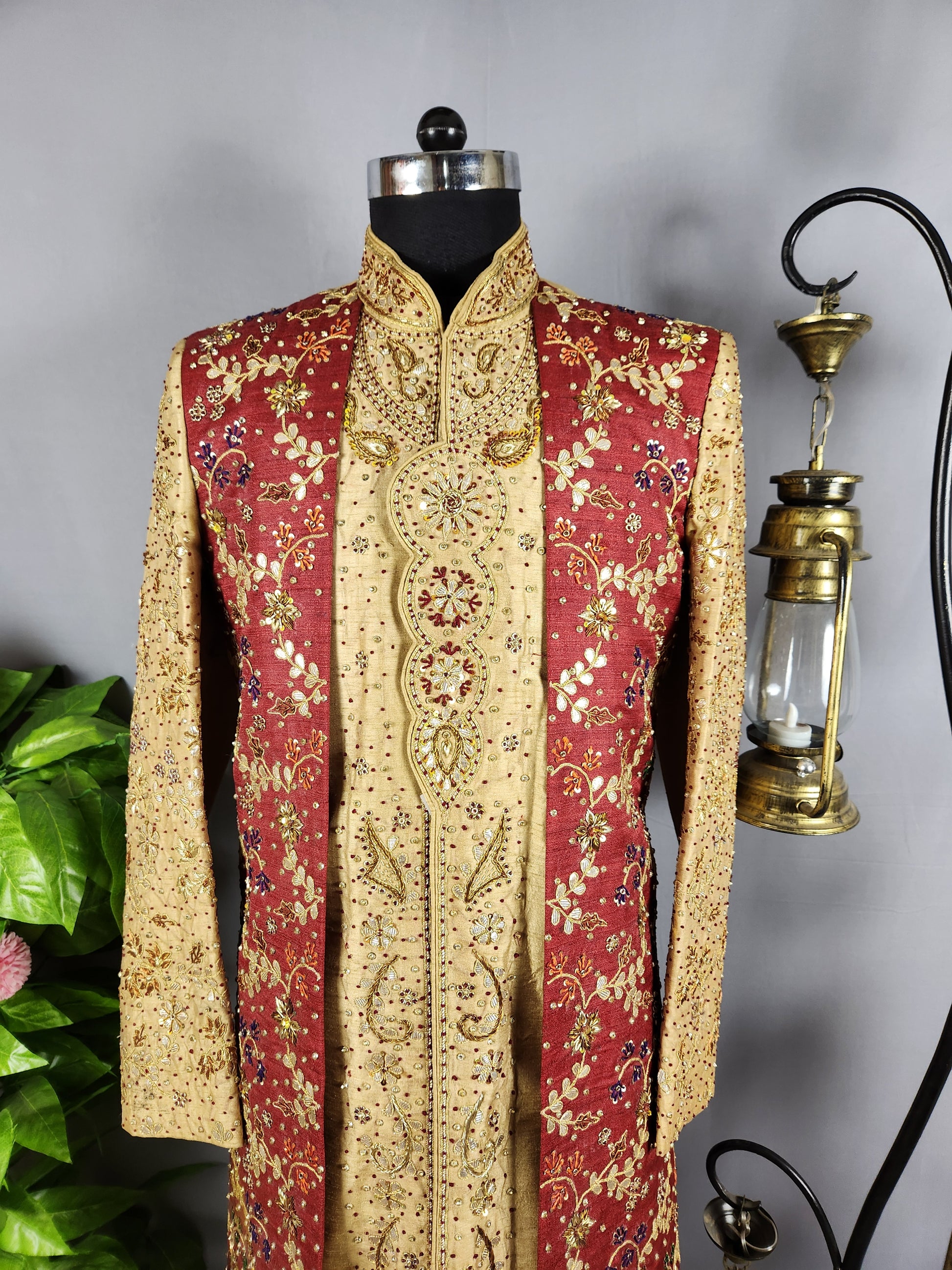 Golden Wedding Groom Sherwani with red Layered jacket 
