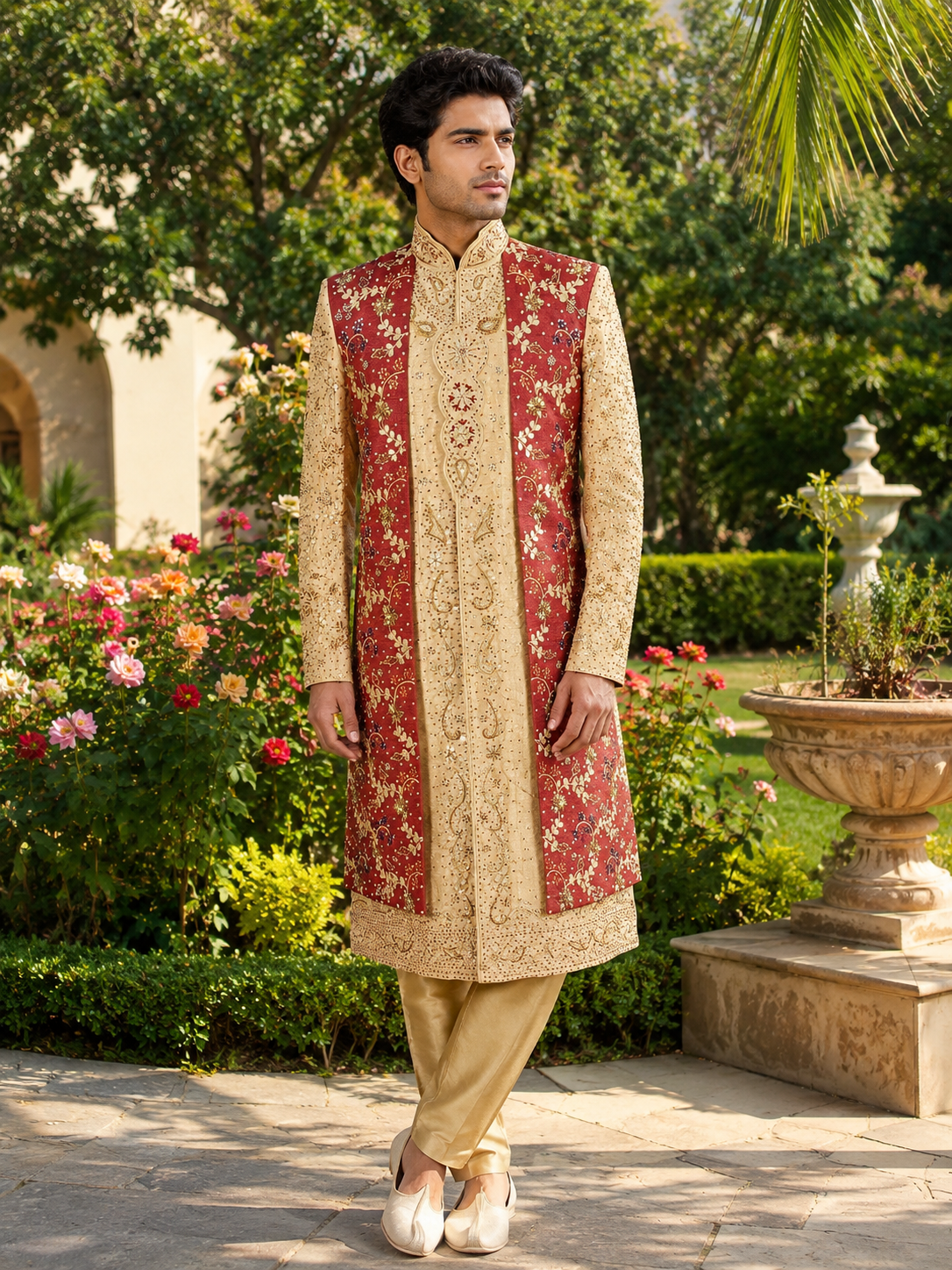 Golden Wedding Groom Sherwani - Layered and Gotta Patti Work | Sherwani For Men