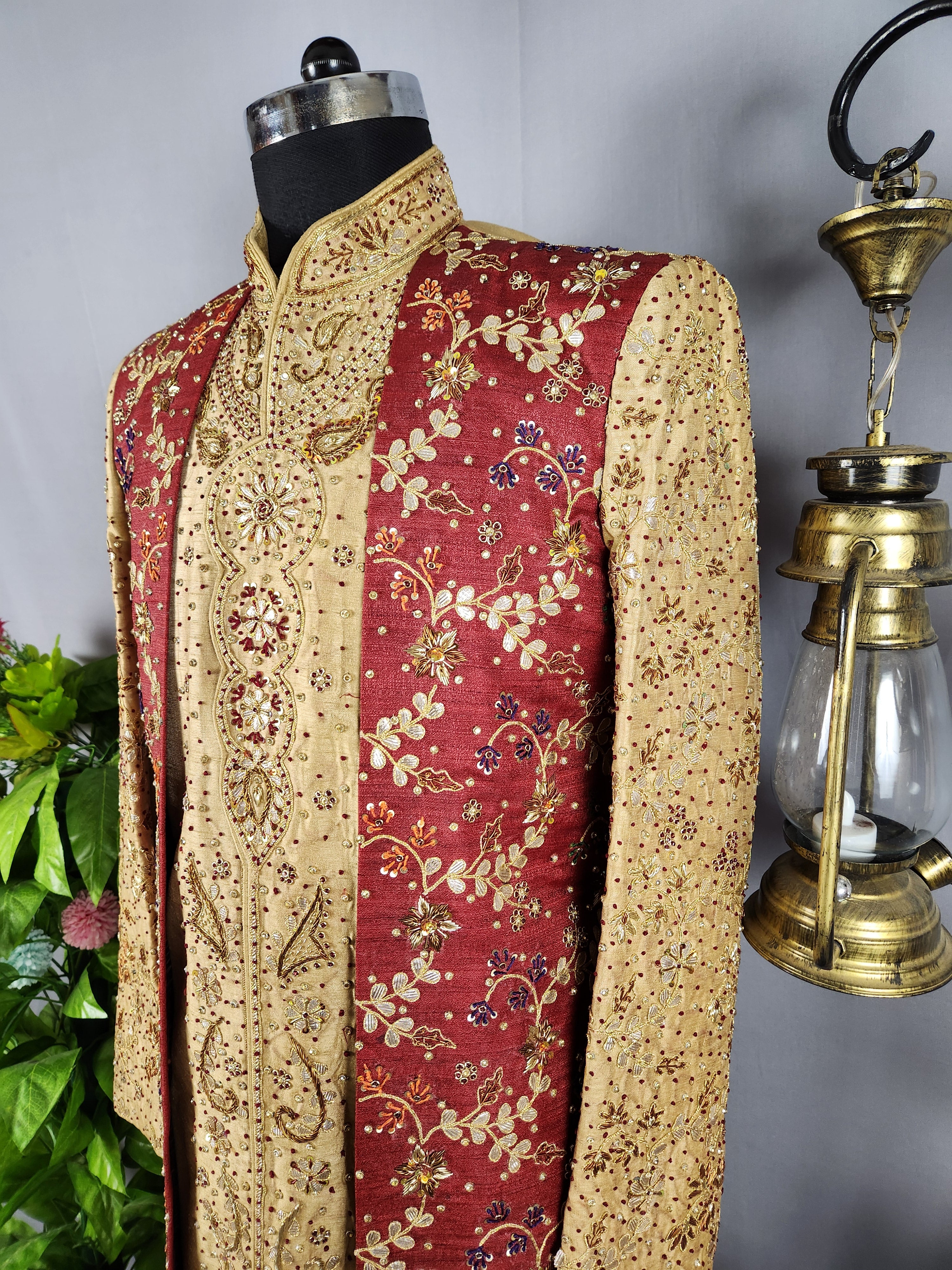 Golden Wedding Groom Sherwani with red Layered jacket 