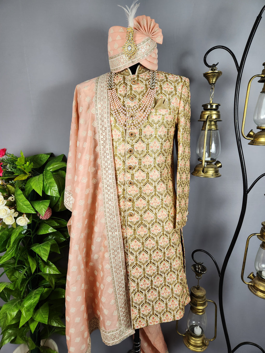 Golden Wedding Groom Sherwani with Peach Motif and Zari Work 