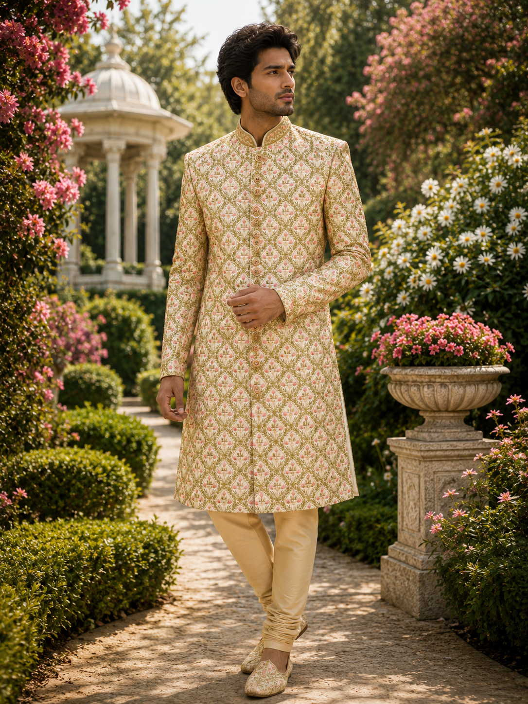 Golden Wedding Groom Sherwani - Peach Motif and Zari Work | Sherwani For Men