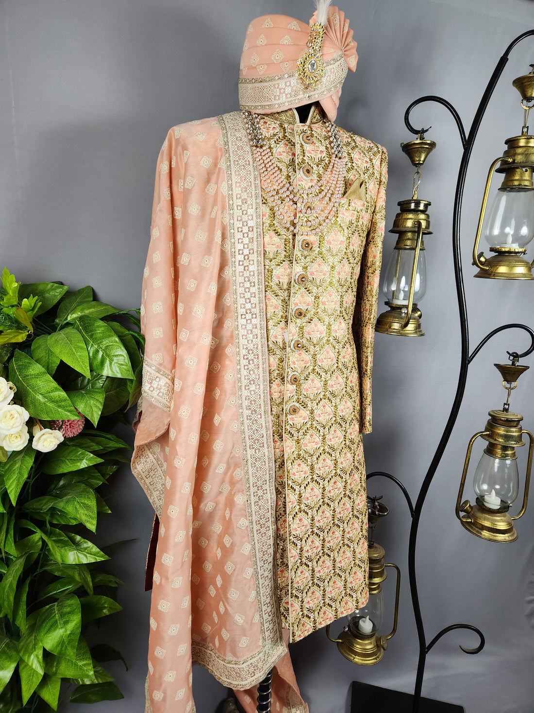 Golden Wedding Groom Sherwani with Peach Motif and Zari Work 