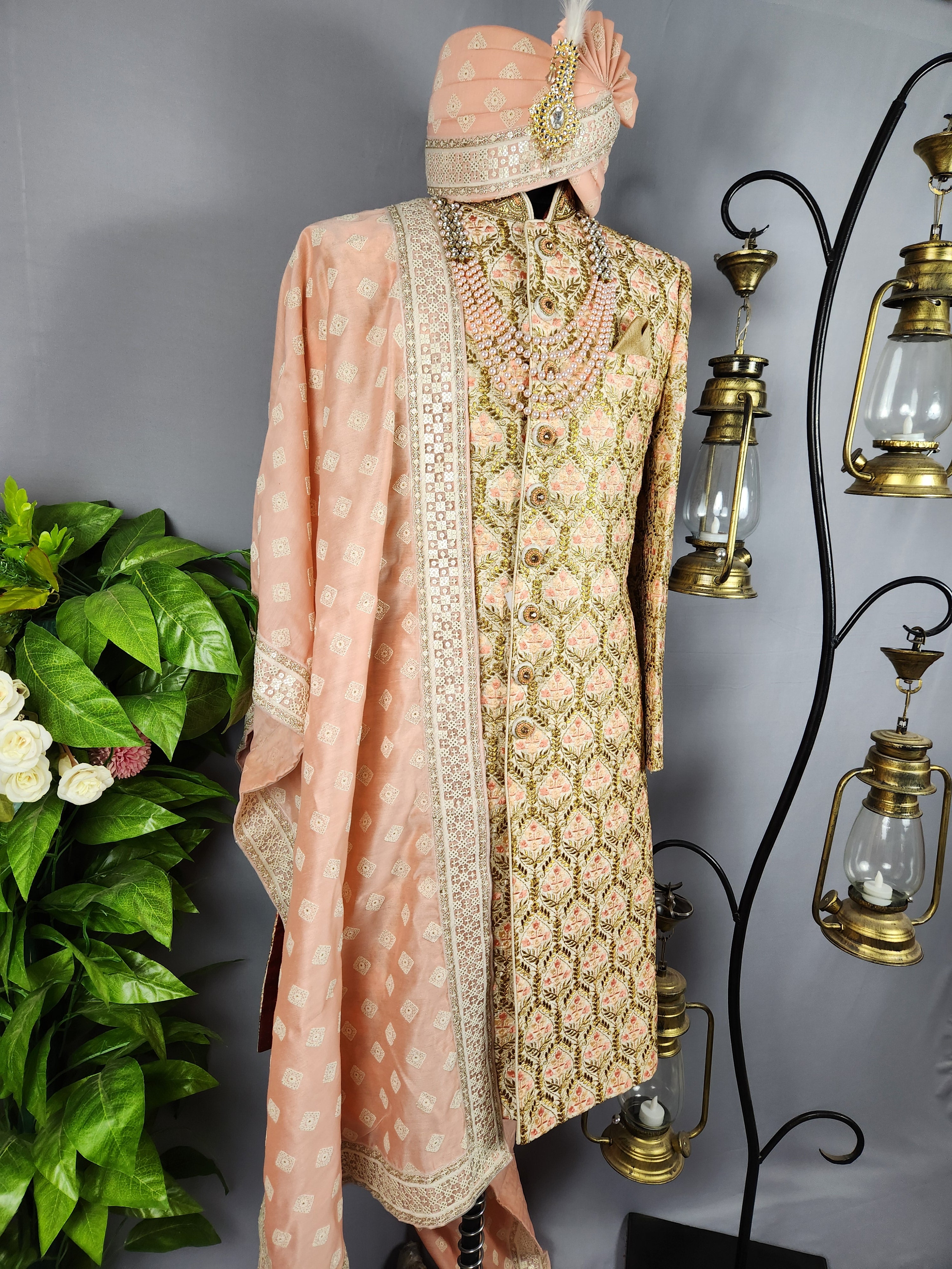 Golden Wedding Groom Sherwani with Peach Motif and Zari Work 