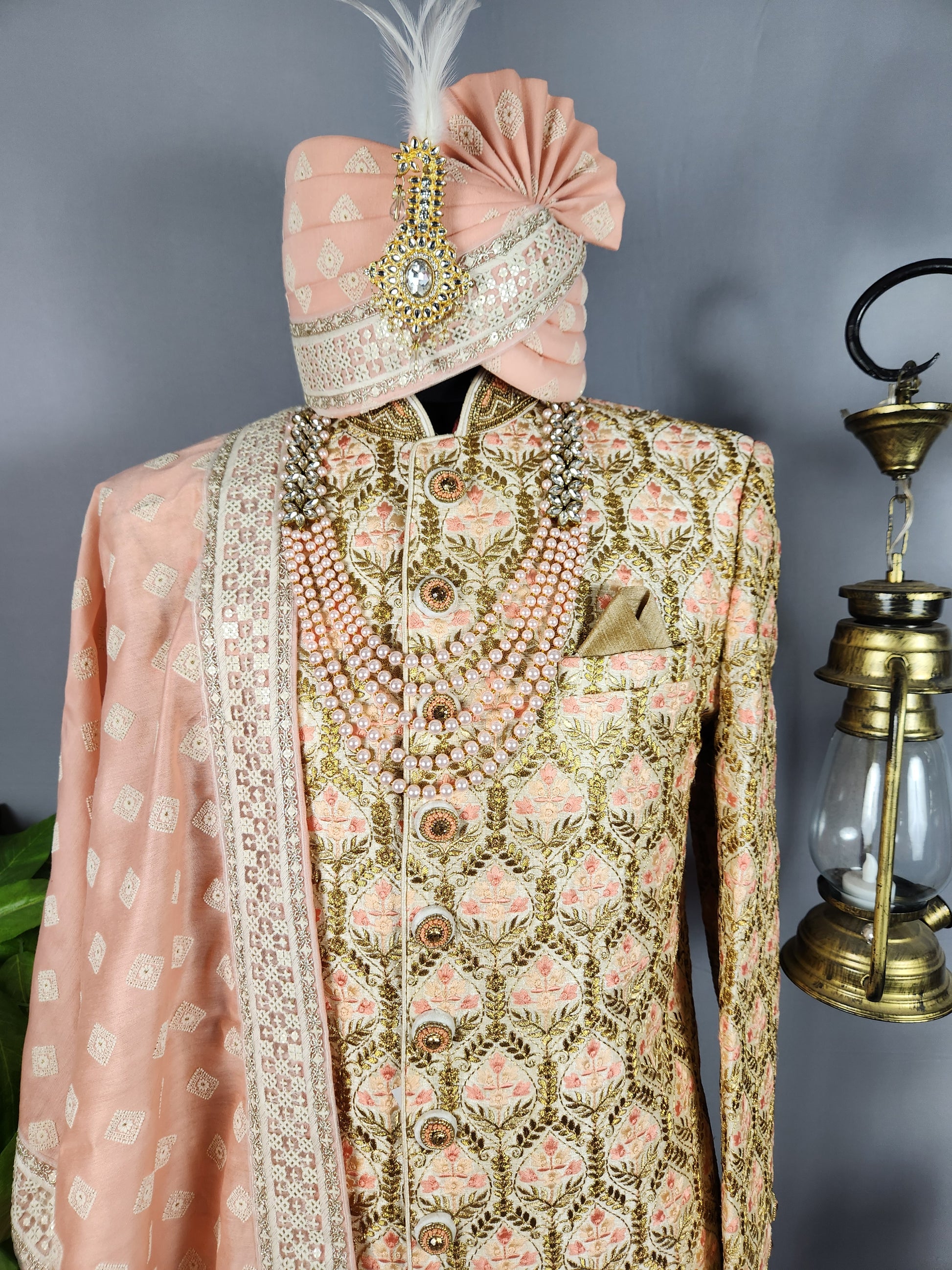 Golden Wedding Groom Sherwani with Peach Motif and Zari Work 