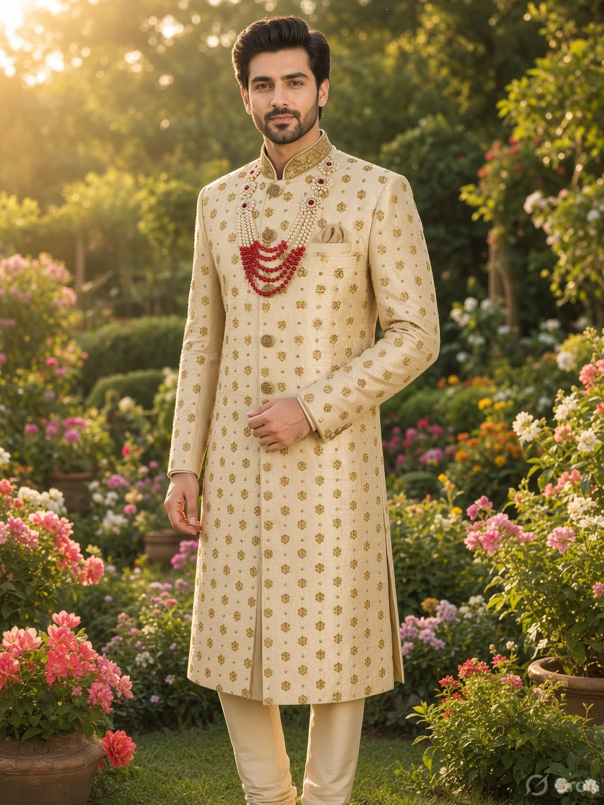 Golden Wedding Groom Sherwani - Gold Motif and Zarkan | Sherwani For Men