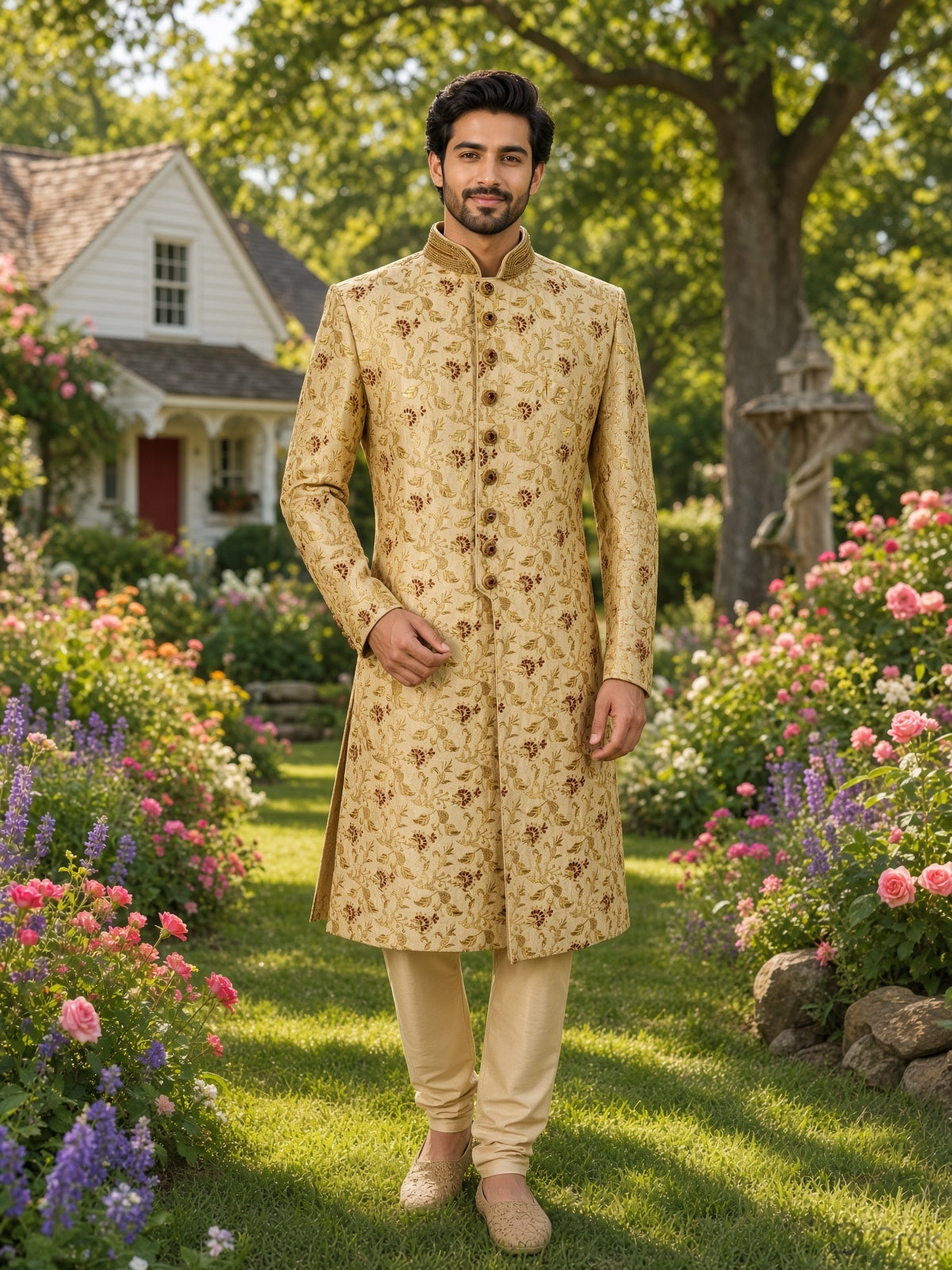 Golden Wedding Groom Sherwani - Red Accent | Sherwani For Men