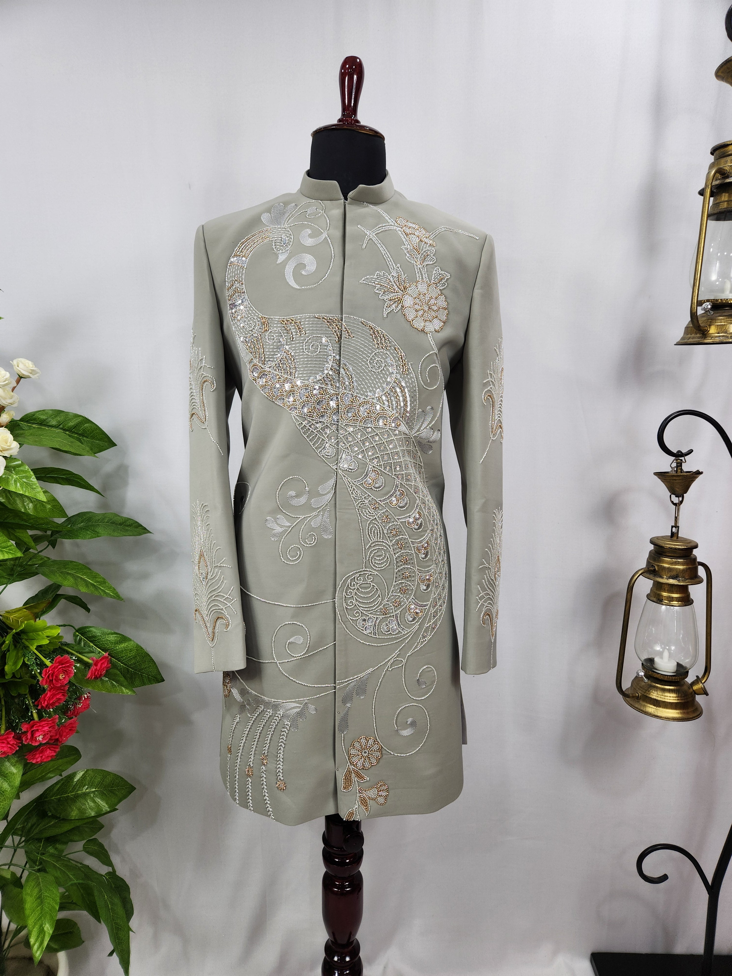 Grayish Green Wedding Groom Sherwani - Diamond Studded Work | Sherwani For Men