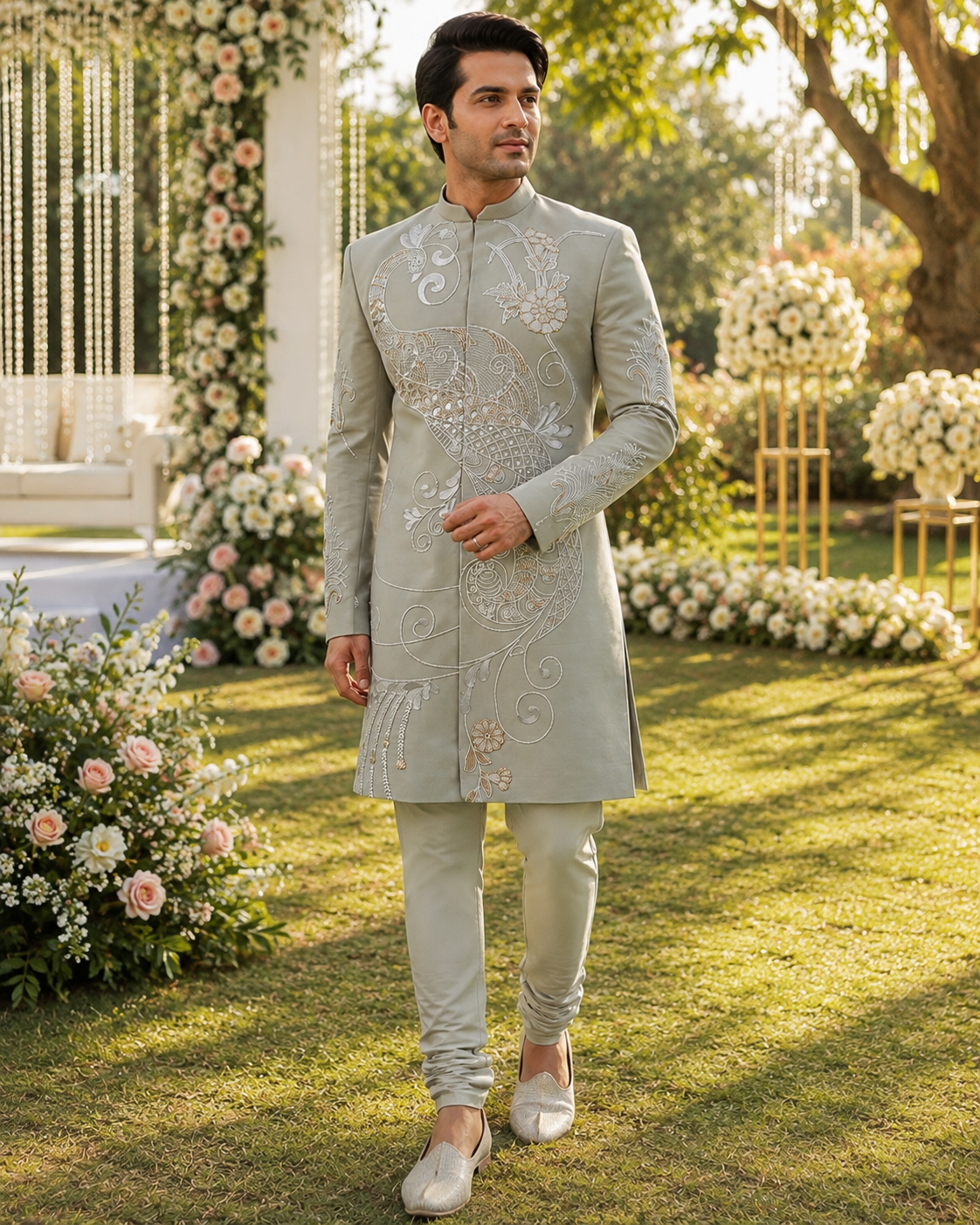Grayish Green Wedding Groom Sherwani - Diamond Studded Work | Sherwani For Men