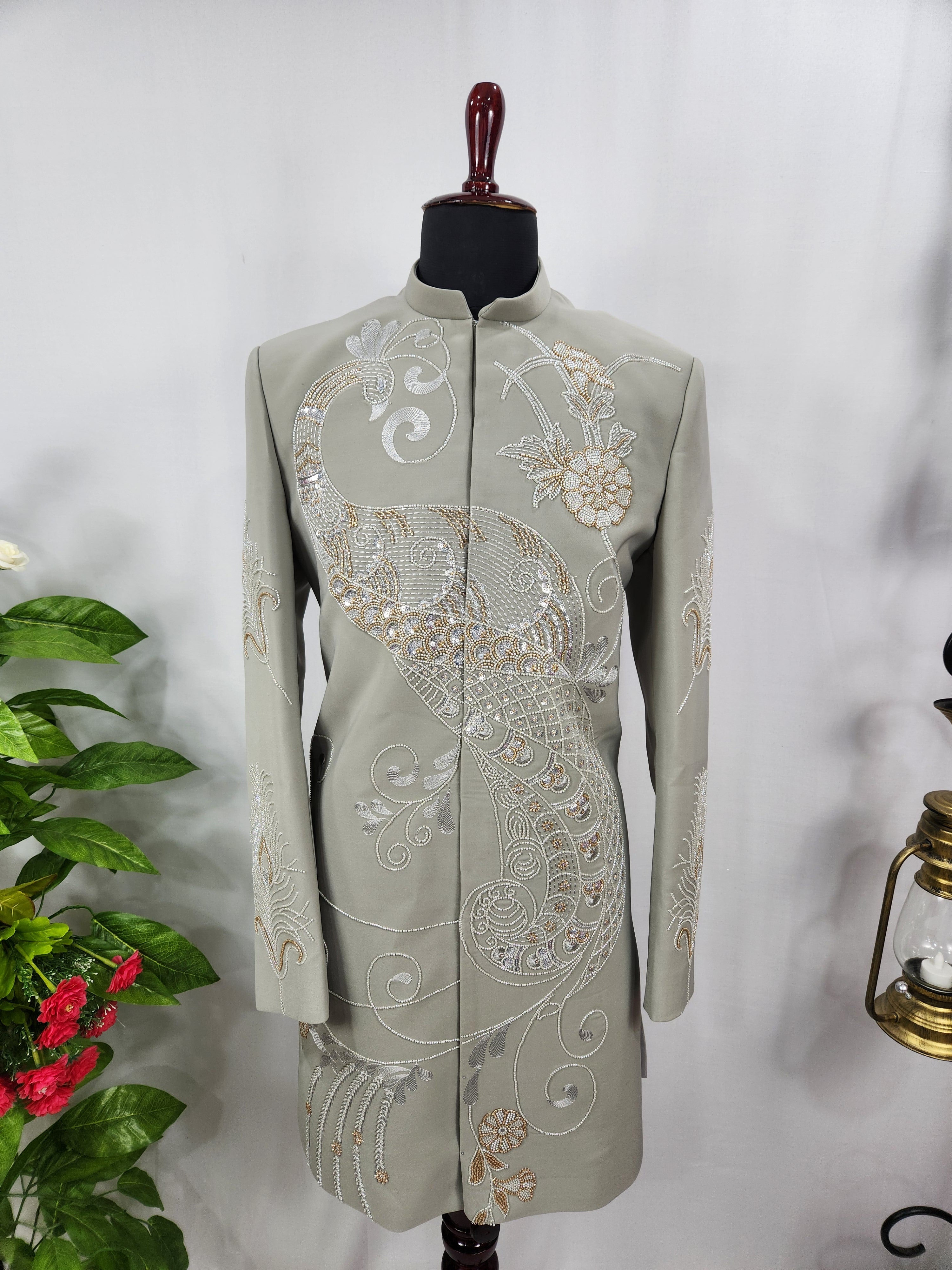 Grayish Green Wedding Groom Sherwani - Diamond Studded Work | Sherwani For Men