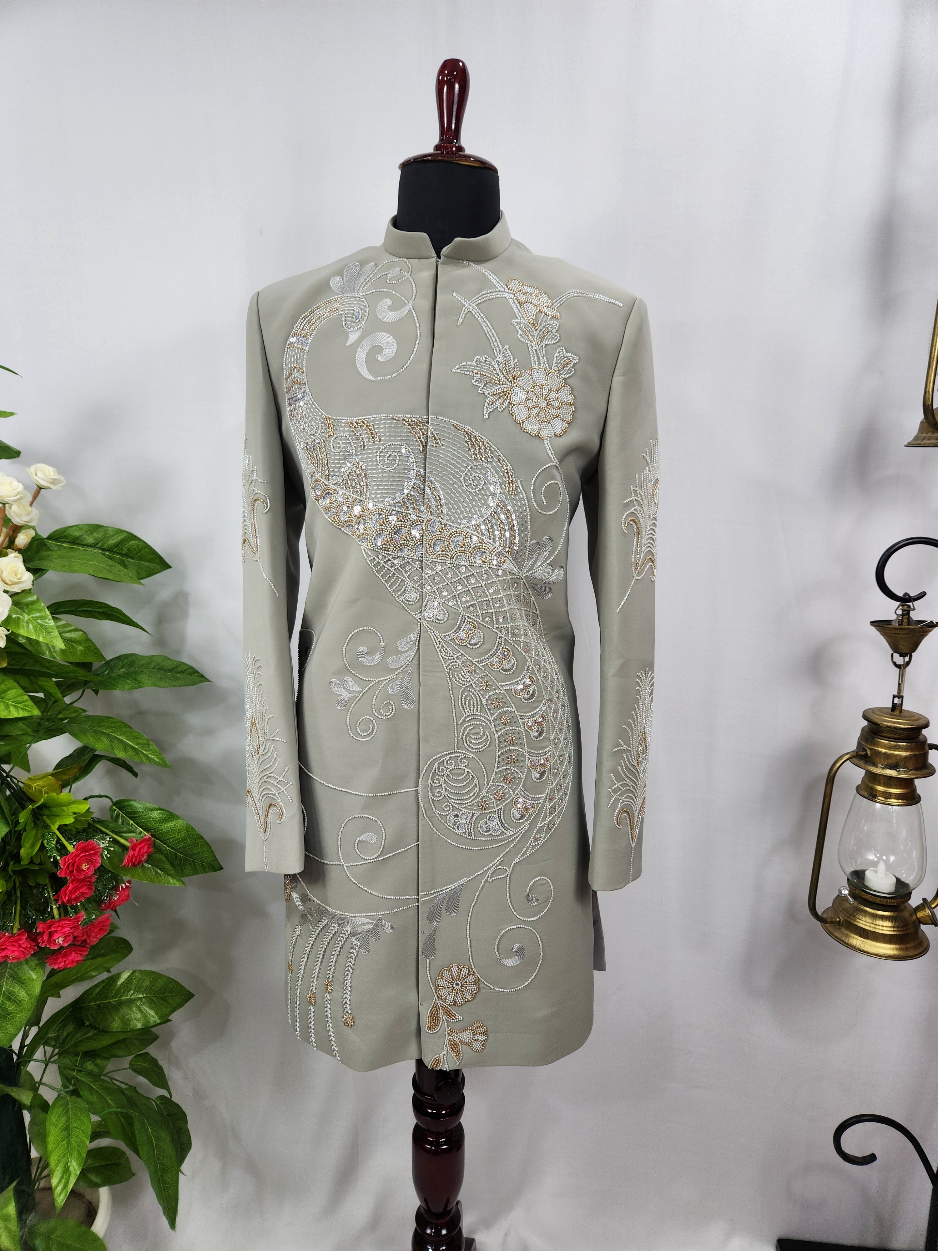 Grayish Green Wedding Groom Sherwani - Diamond Studded Work | Sherwani For Men