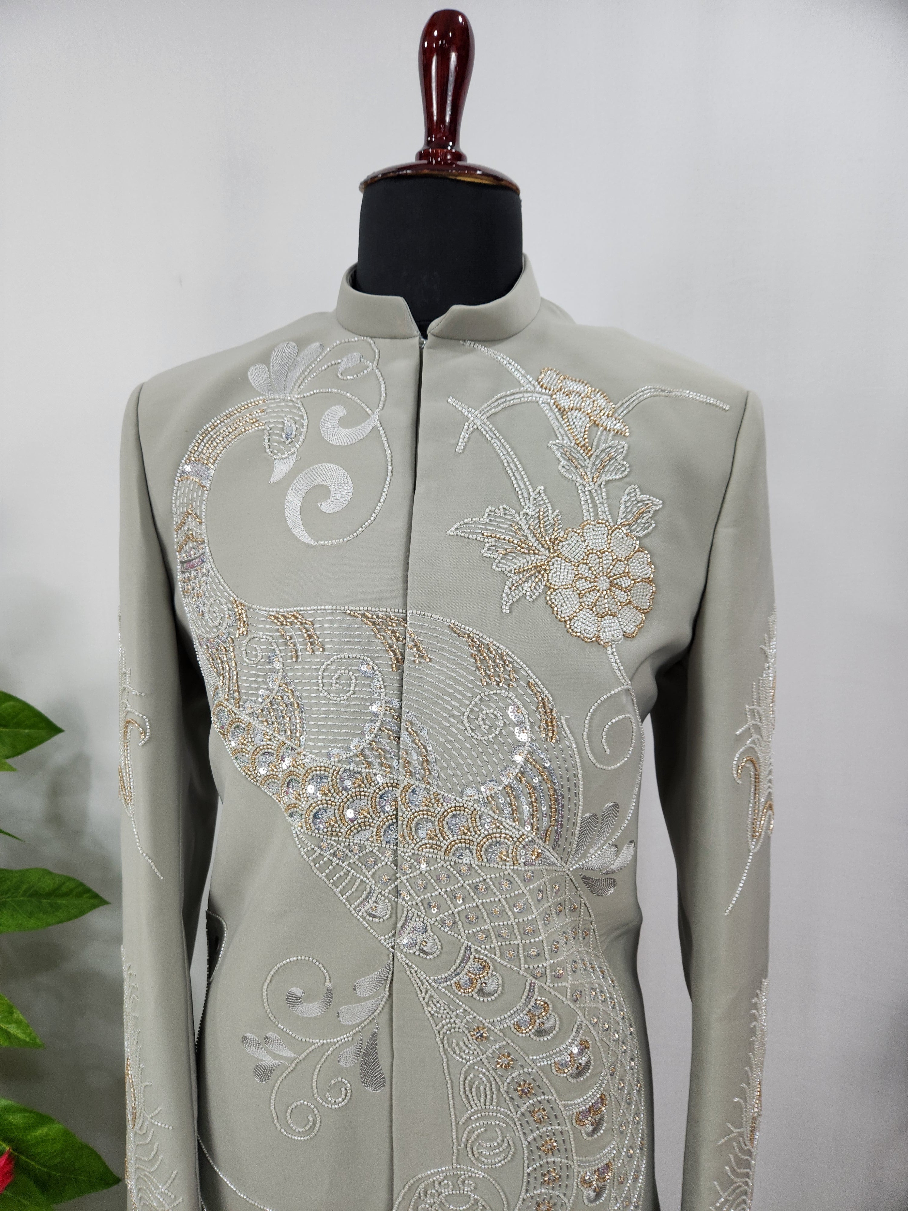 Grayish Green Wedding Groom Sherwani - Diamond Studded Work | Sherwani For Men