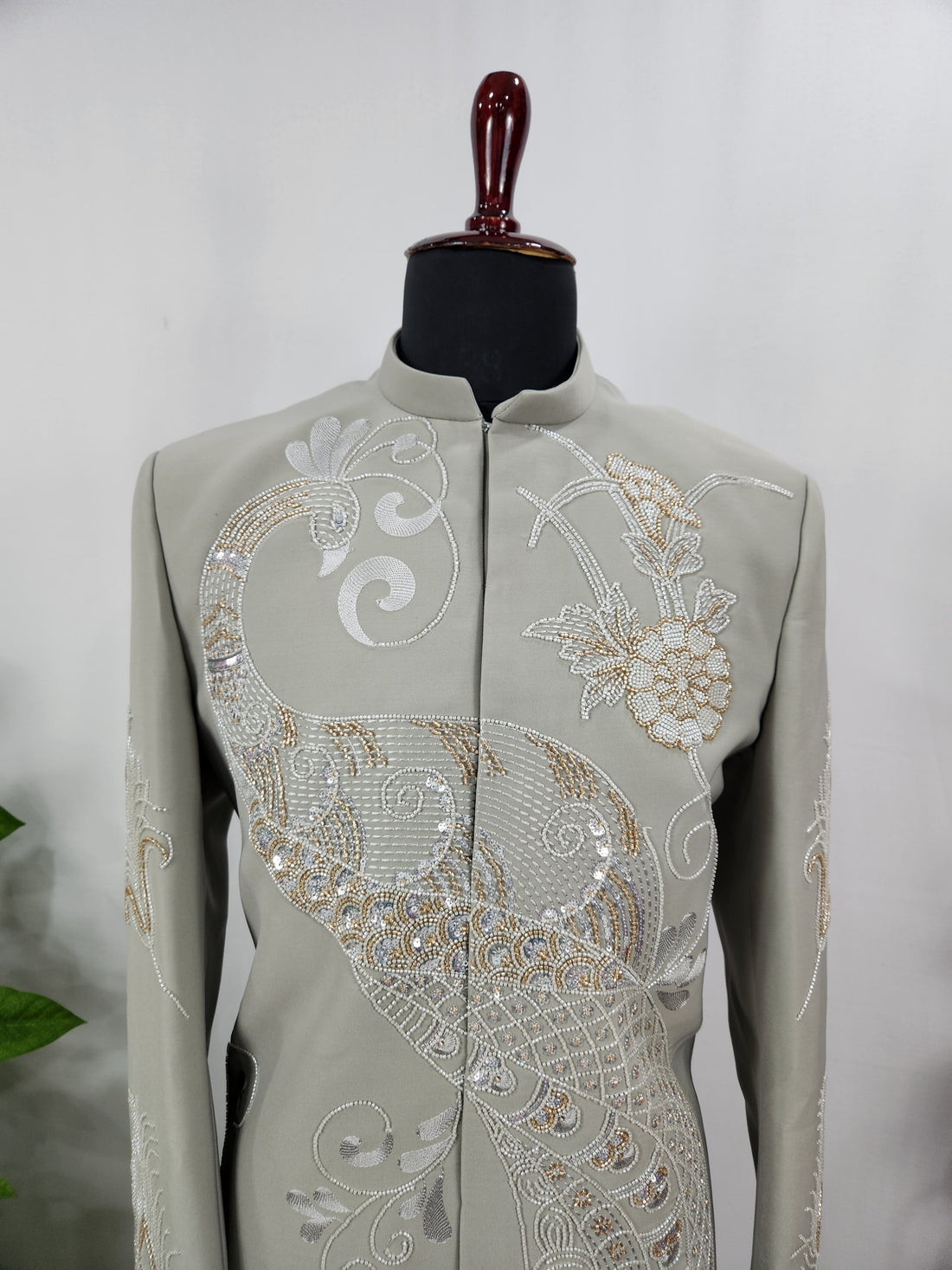 Grayish Green Wedding Groom Sherwani - Diamond Studded Work | Sherwani For Men