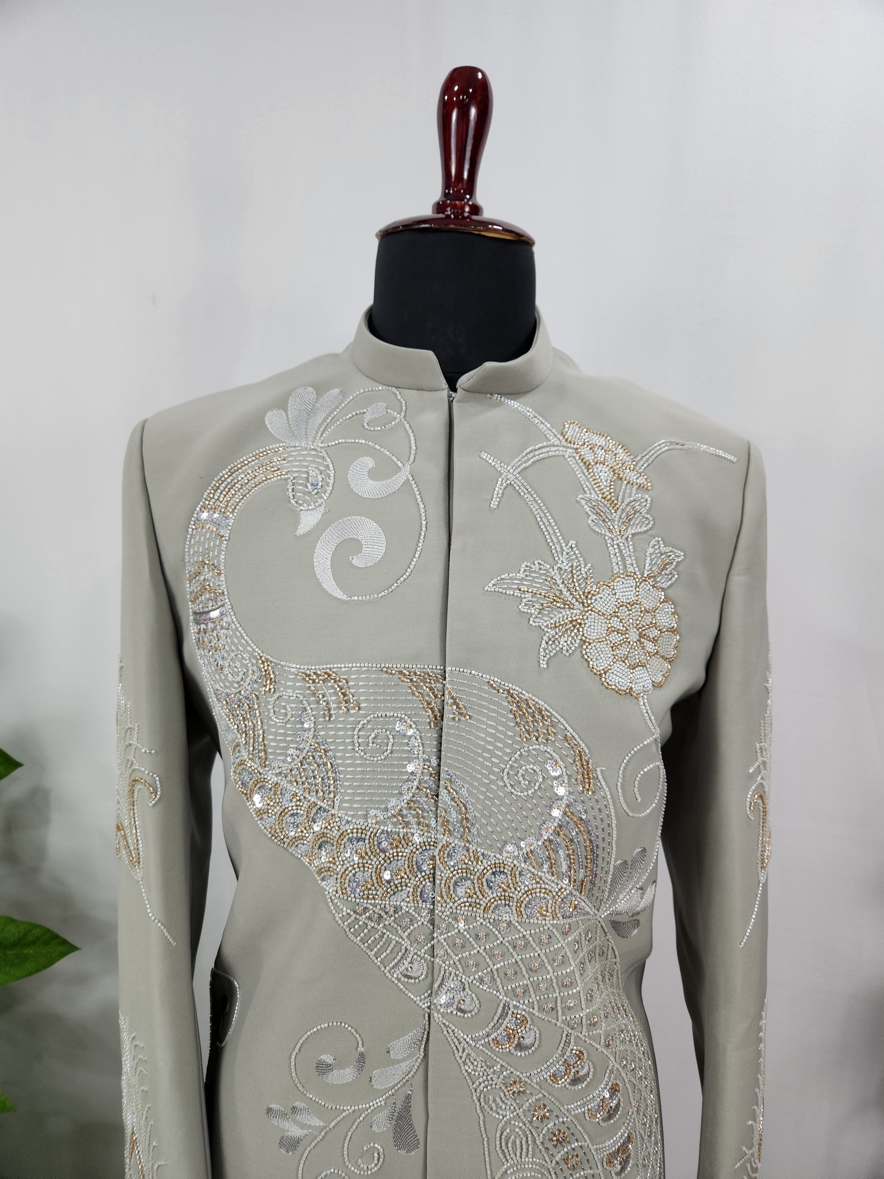 Grayish Green Wedding Groom Sherwani - Diamond Studded Work | Sherwani For Men