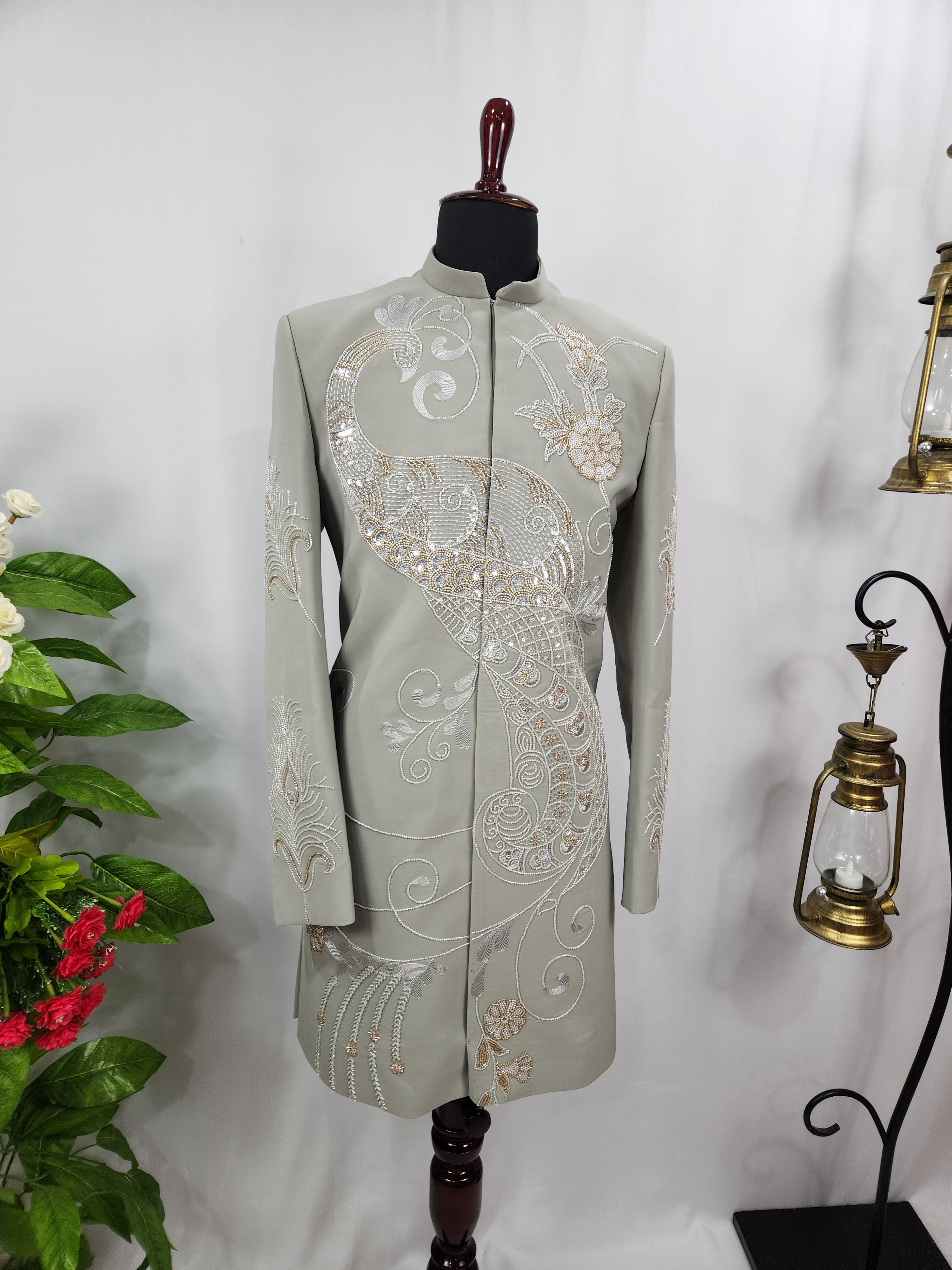 Grayish Green Wedding Groom Sherwani - Diamond Studded Work | Sherwani For Men