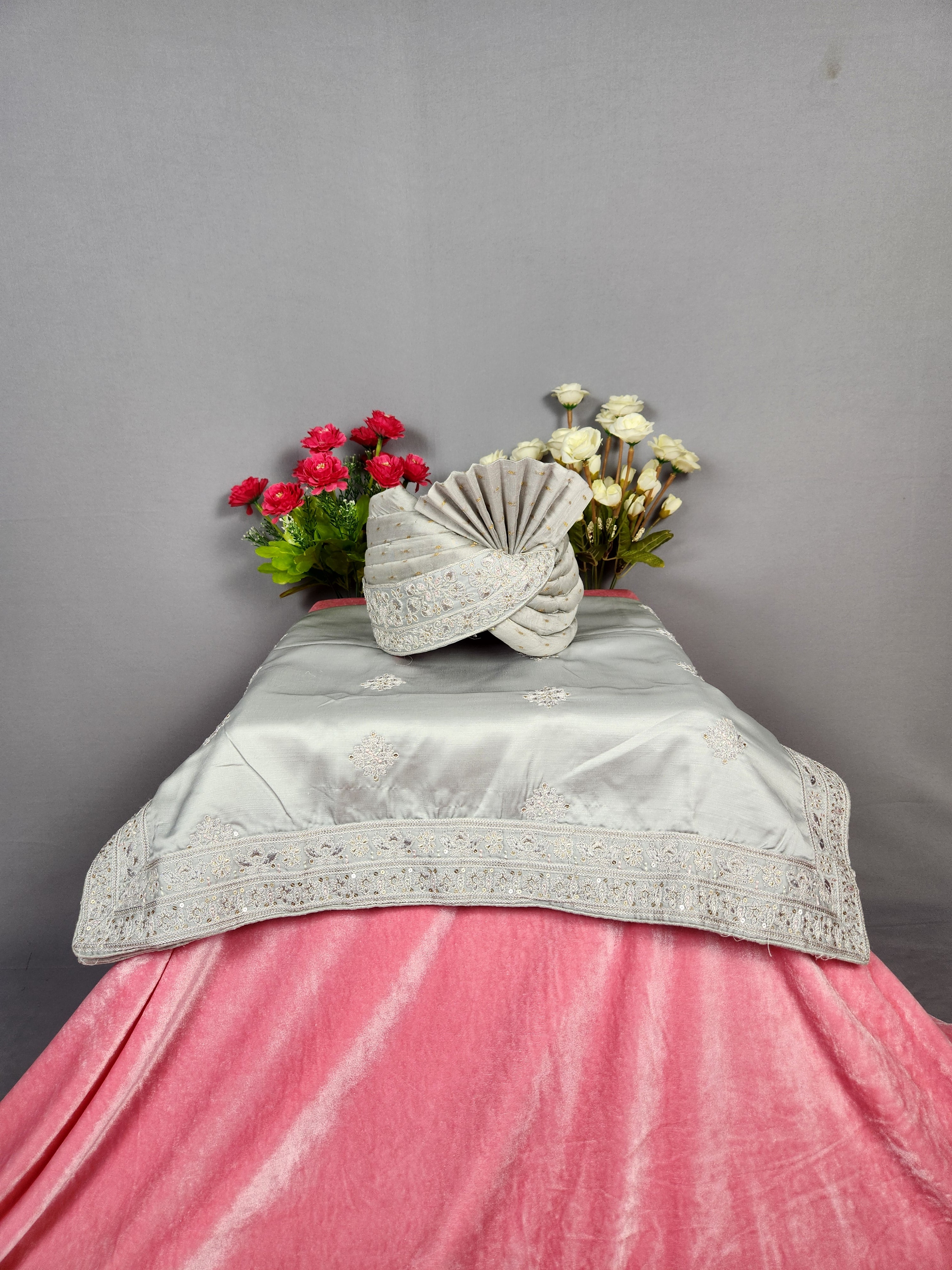 Gray Groom Turban Shawl Set