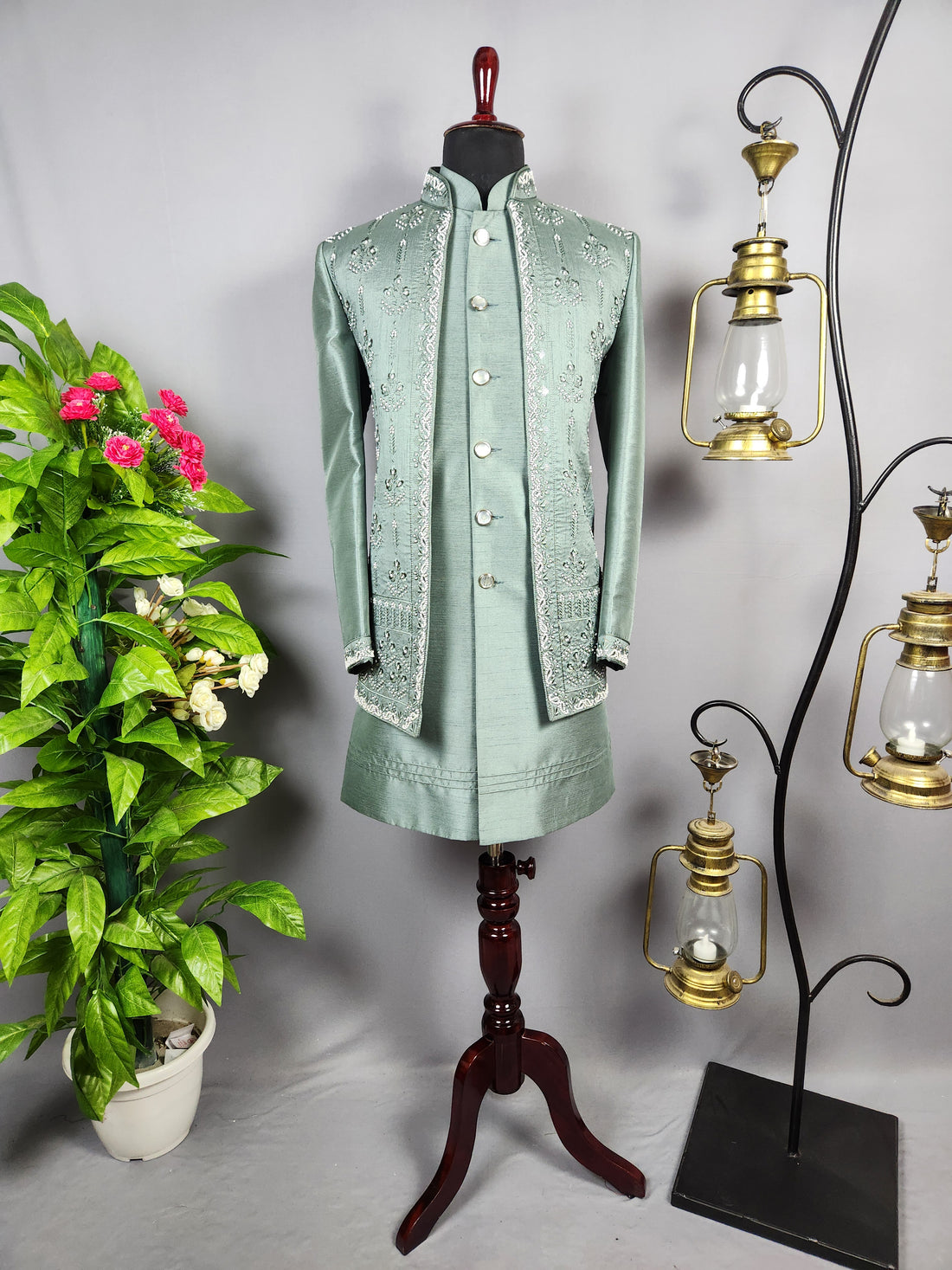 Green Indo-Western Sherwani for Groom  -   Indian Wedding Outfit for Men
