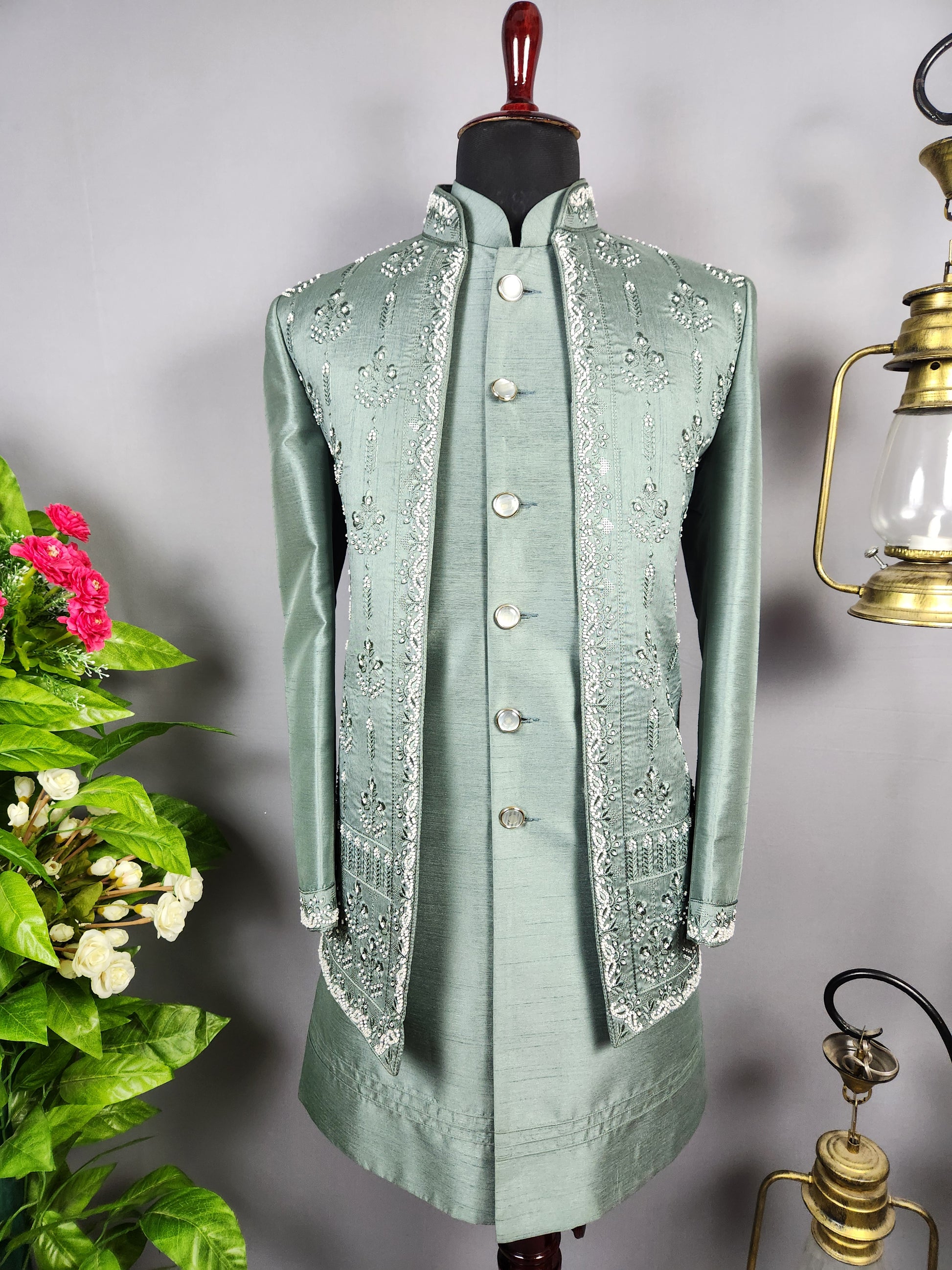 Green Indo-Western Sherwani for Groom  -   Indian Wedding Outfit for Men
