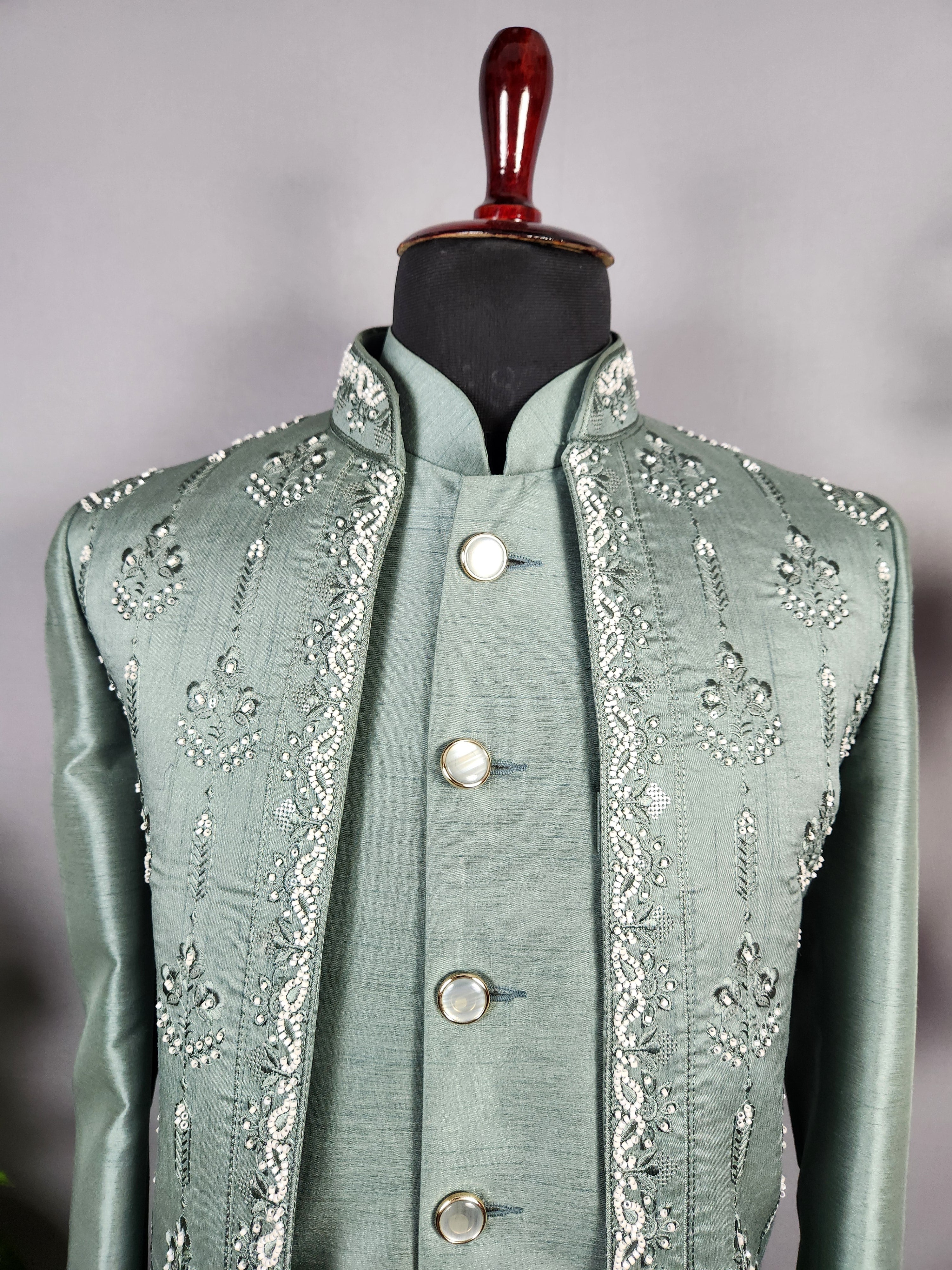 Green Indo-Western Sherwani for Groom  -   Indian Wedding Outfit for Men
