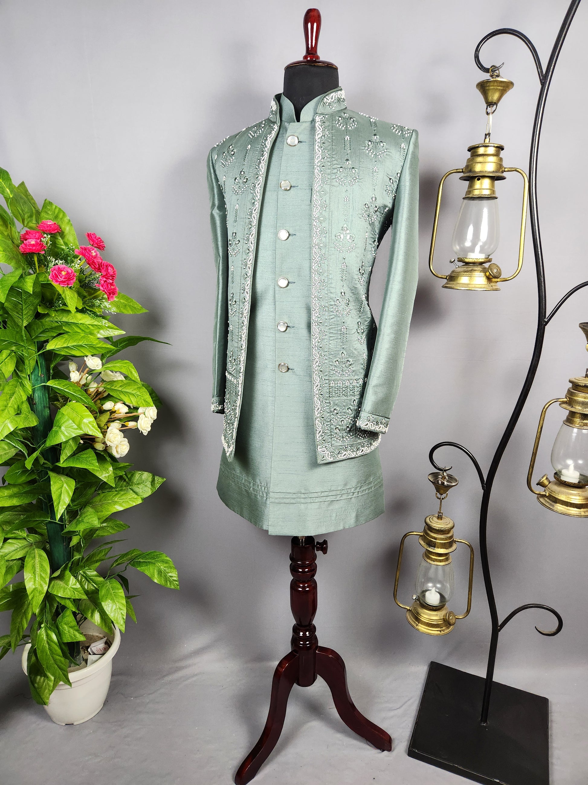 Green Indo-Western Sherwani for Groom  -   Indian Wedding Outfit for Men
