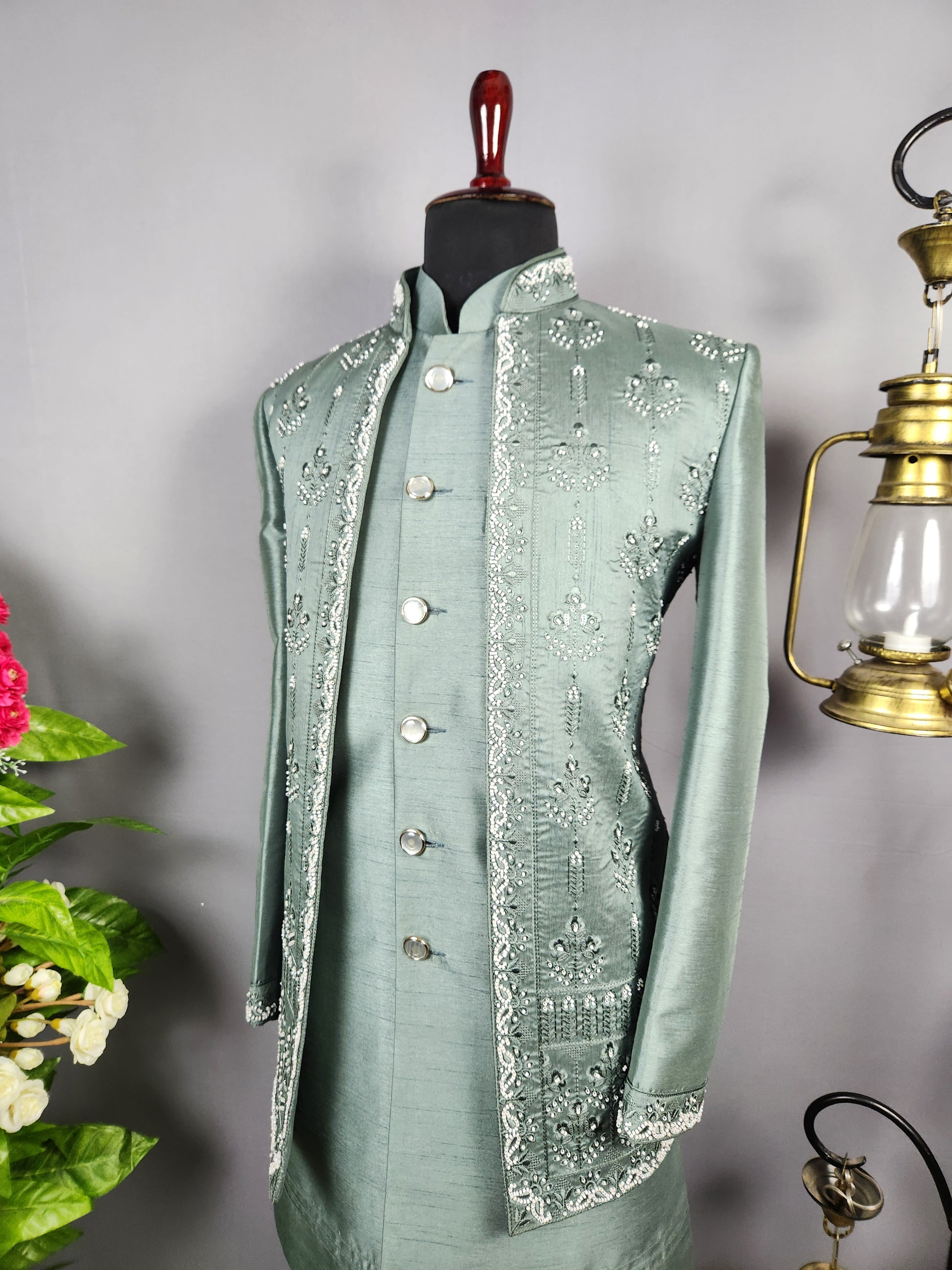 Green Indo-Western Sherwani for Groom  -   Indian Wedding Outfit for Men
