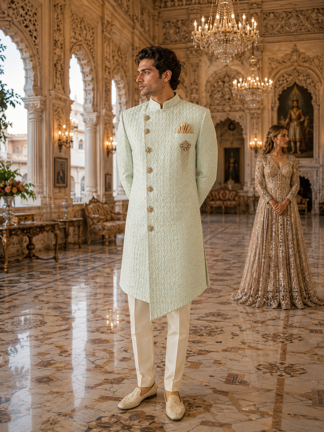 Green Indo-Western Sherwani for Men | Indian Groom Wedding Outfit