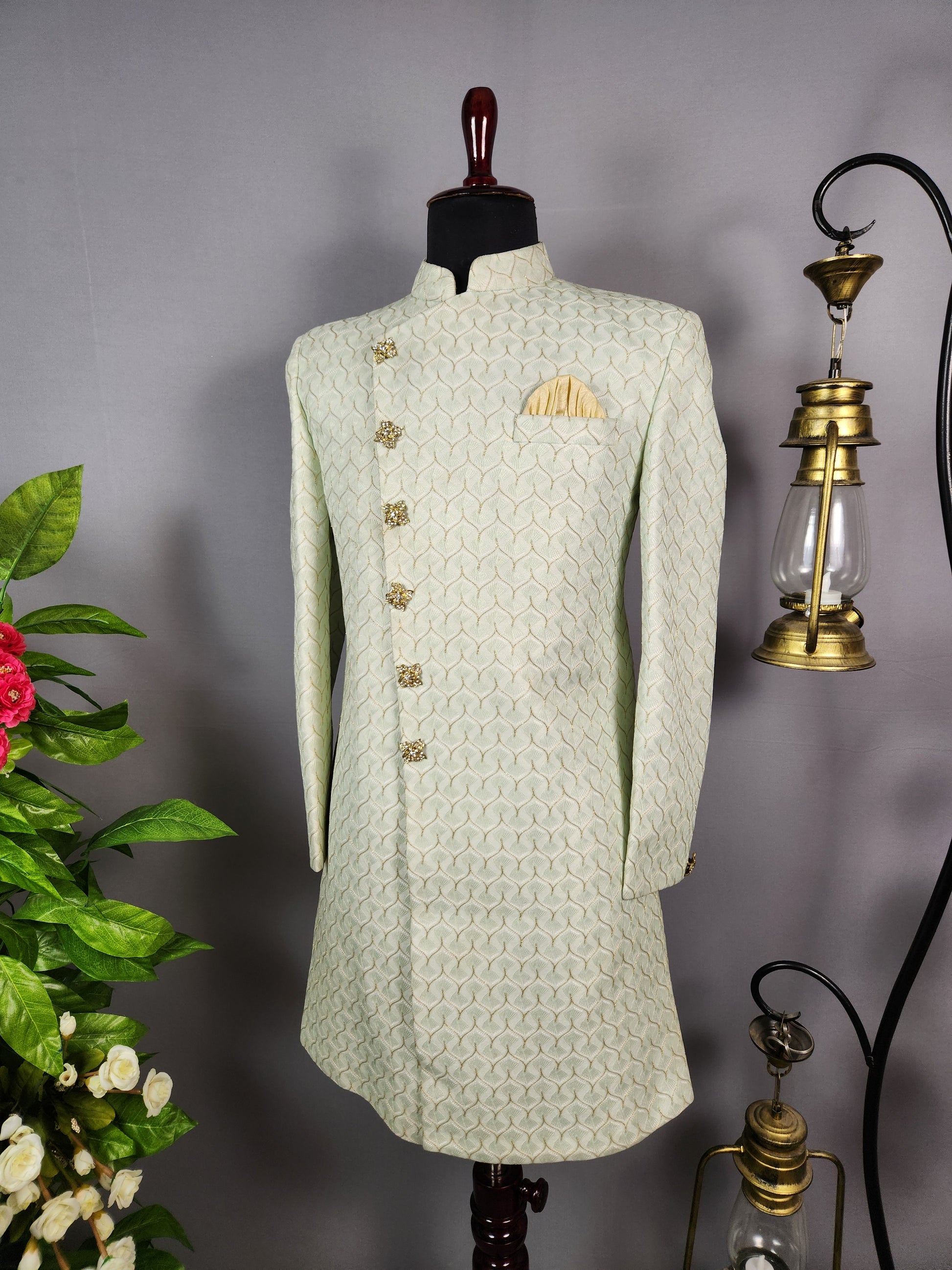 Green Indo-Western Sherwani for Groom  -   Indian Wedding Outfit for Men
