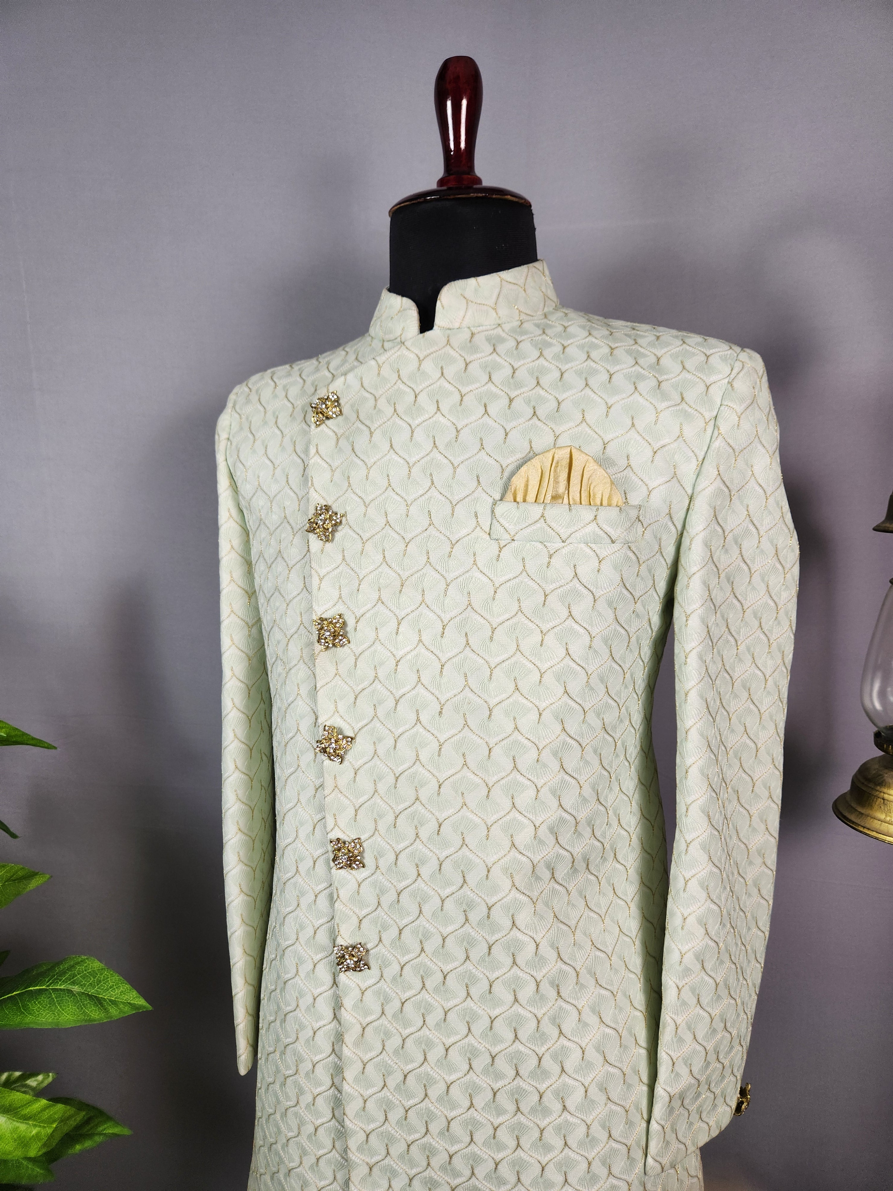 Green Indo-Western Sherwani for Groom  -   Indian Wedding Outfit for Men
