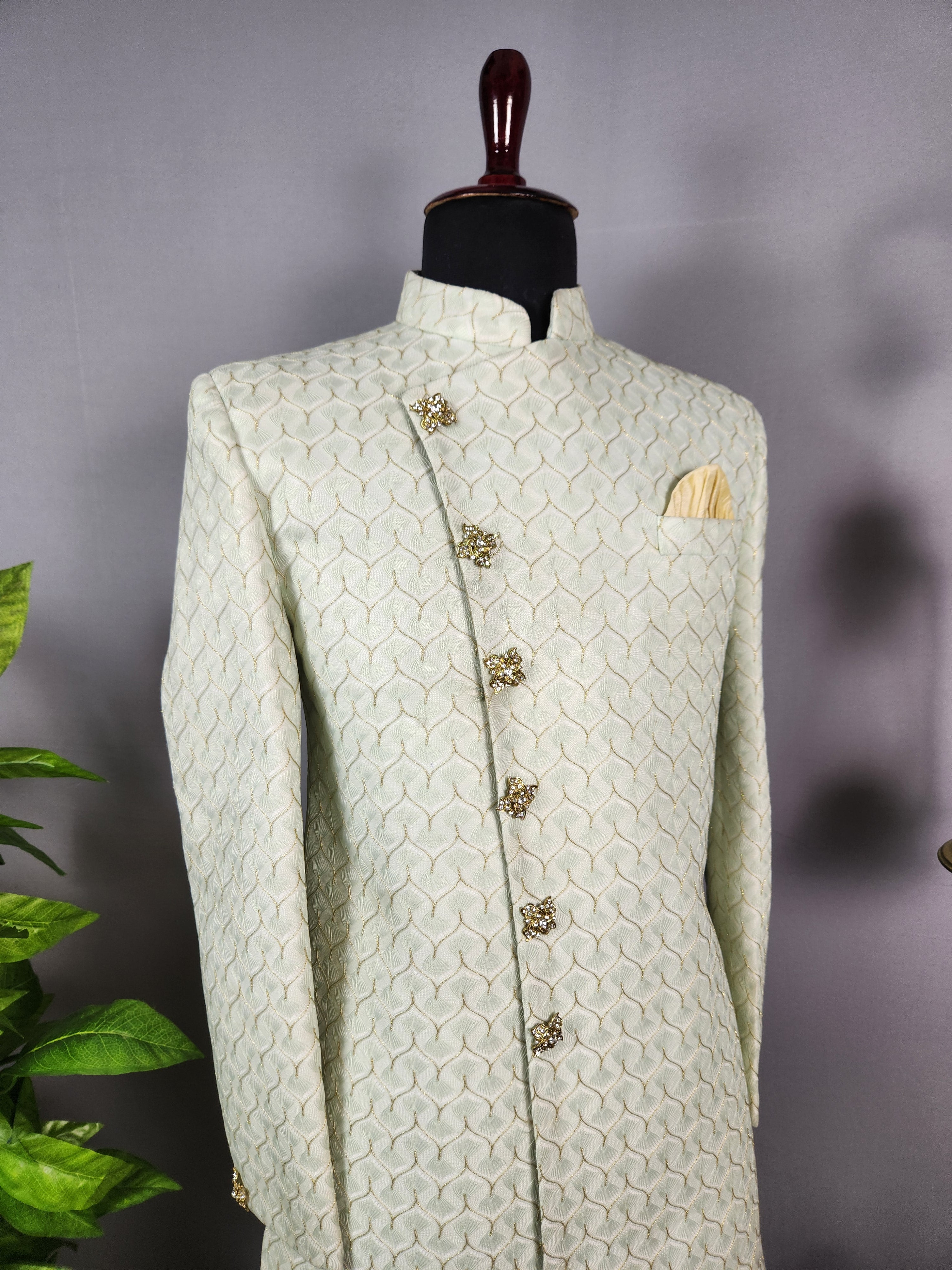 Green Indo-Western Sherwani for Groom  -   Indian Wedding Outfit for Men
