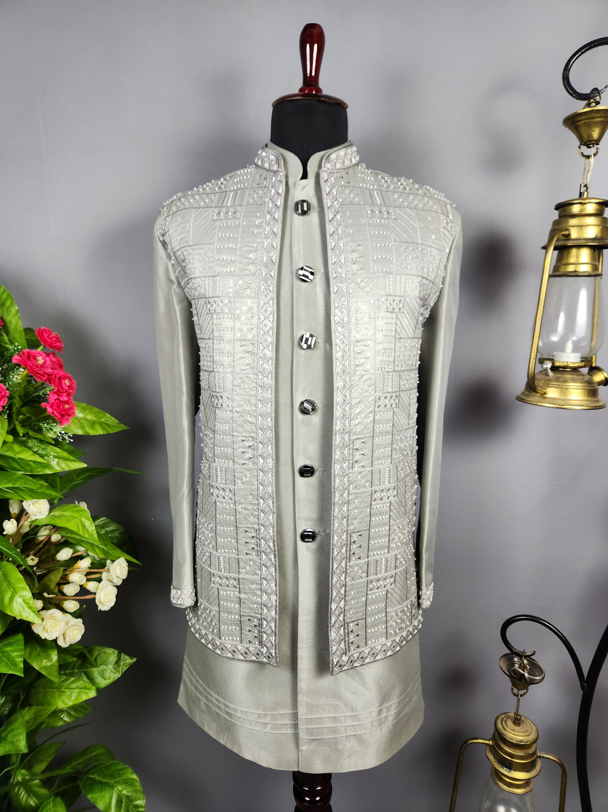 Gray Indo-Western Sherwani for Groom  -   Indian Wedding Outfit for Men
