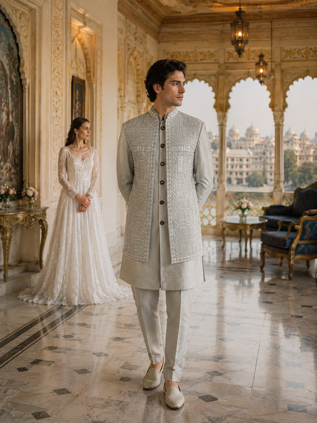 Gray Indo-Western Sherwani for Men | Indian Groom Wedding Outfit