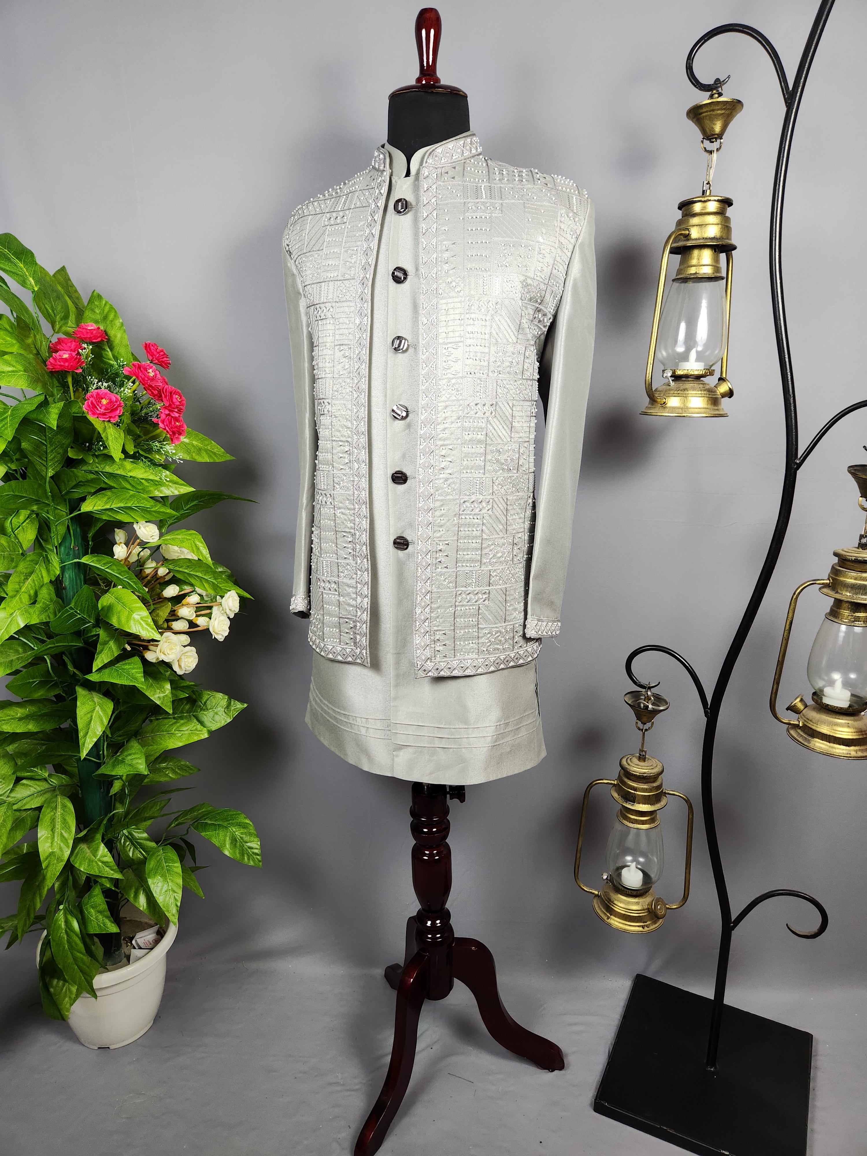 Gray Indo-Western Sherwani for Groom  -   Indian Wedding Outfit for Men
