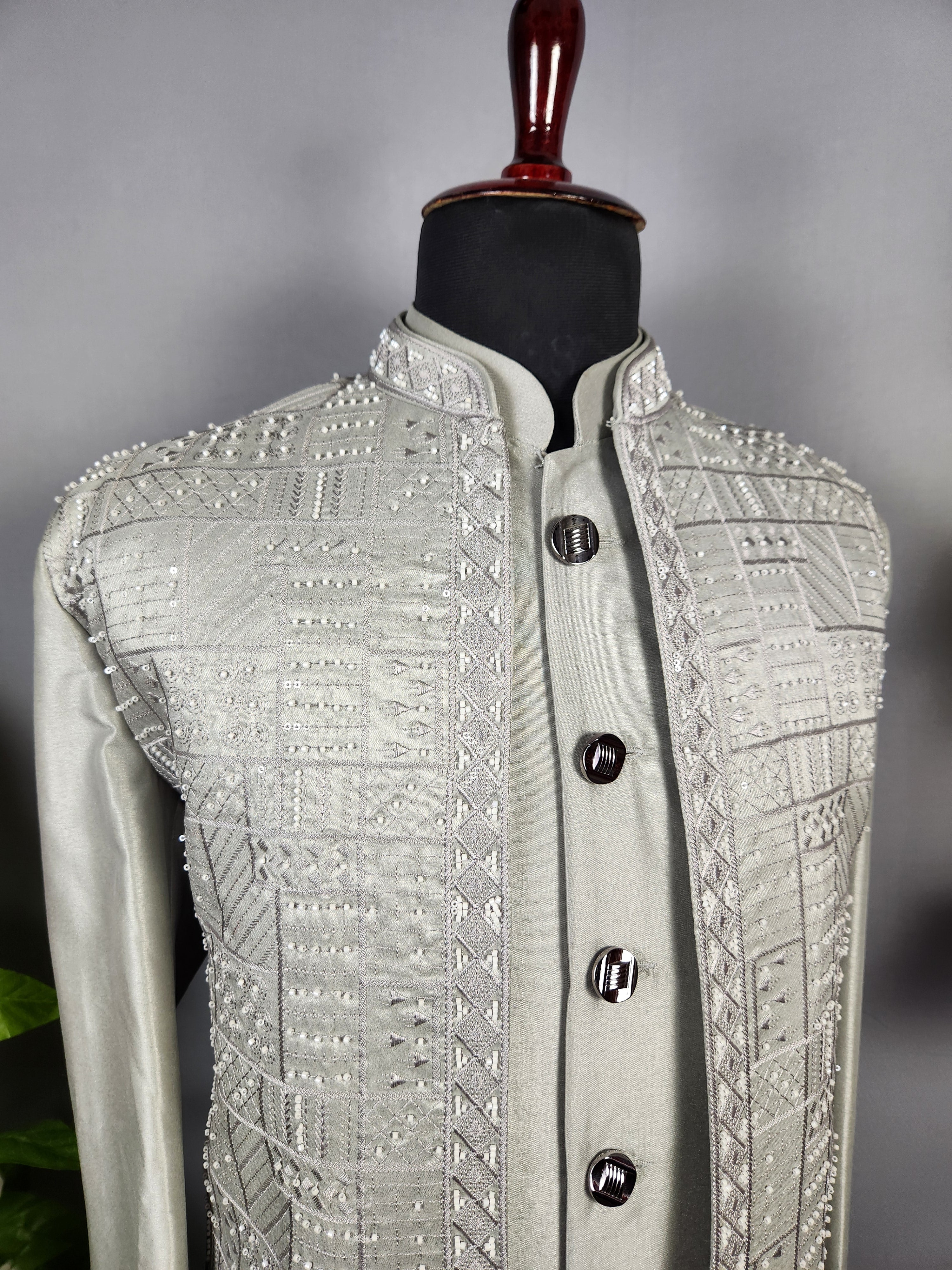 Gray Indo-Western Sherwani for Groom  -   Indian Wedding Outfit for Men

