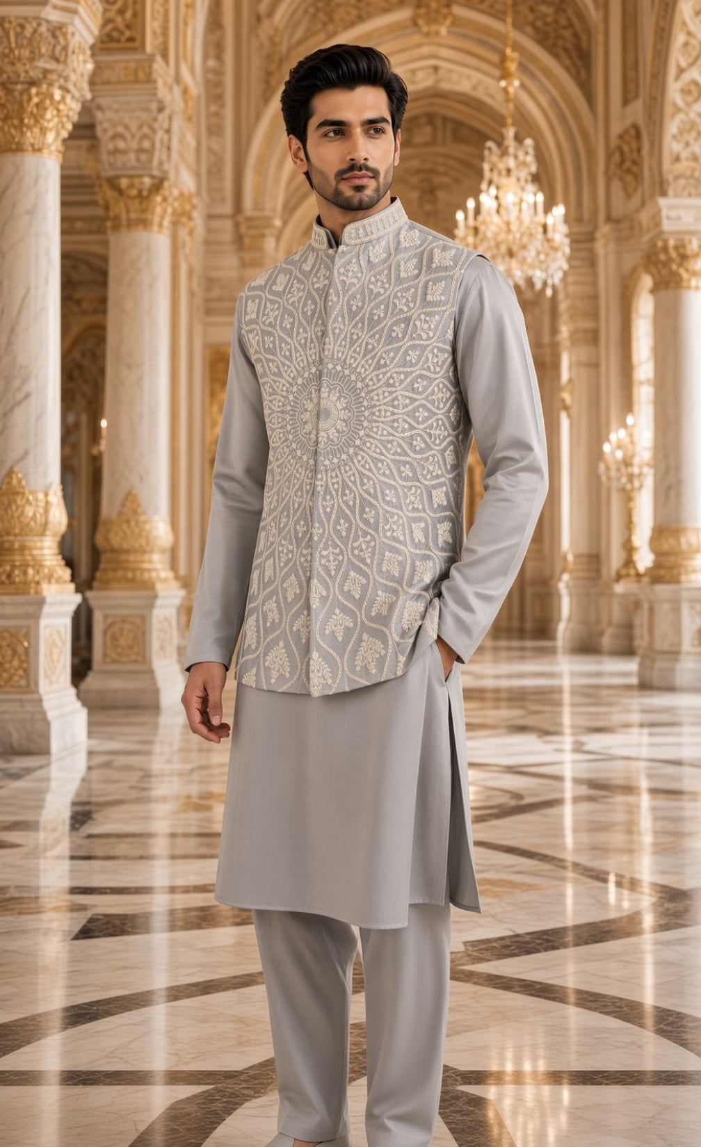 Gray Kurta Jacket Set for Wedding – Designer Indian Outfit