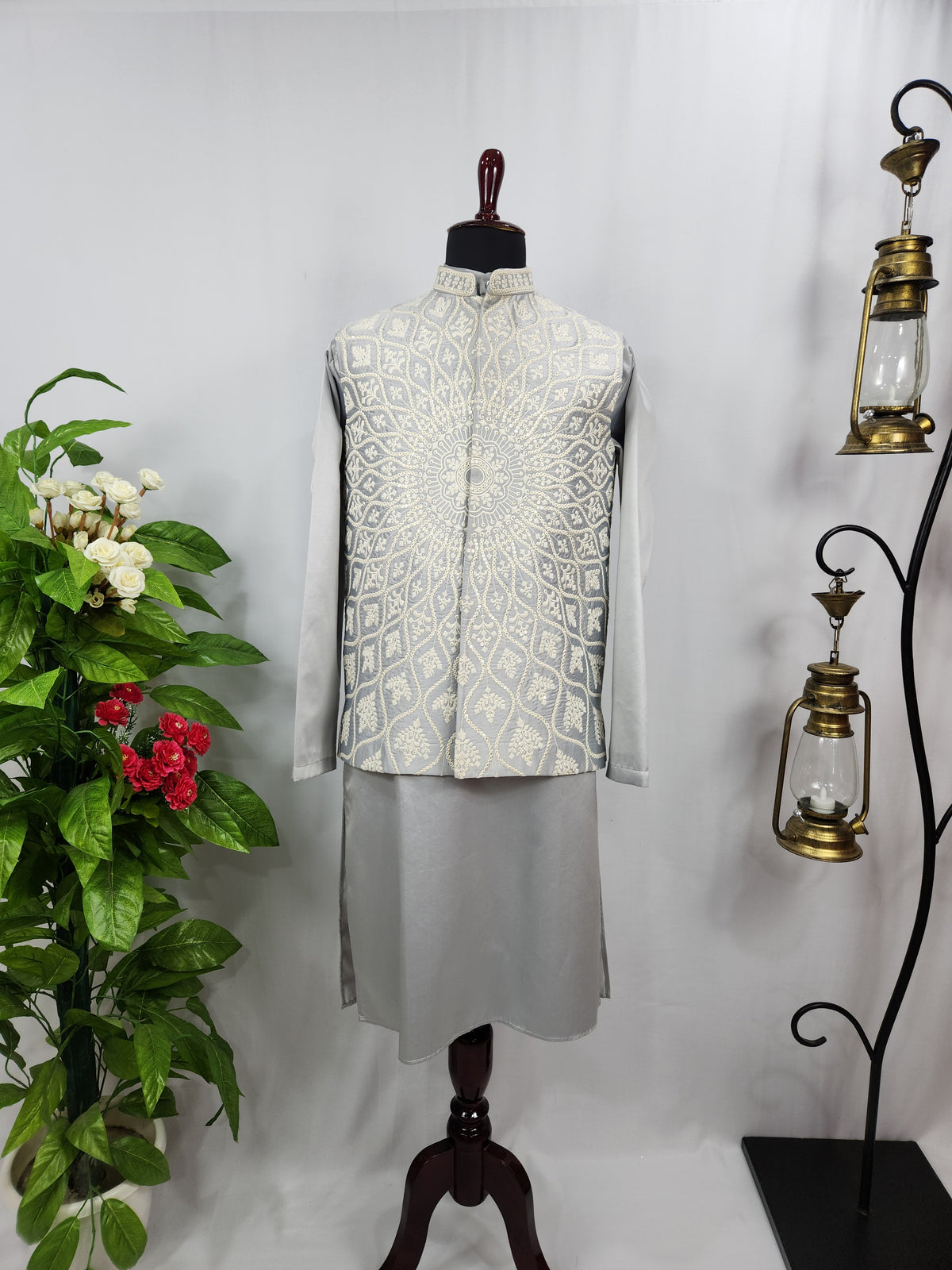 Gray Kurta Jacket Set for Wedding – Designer Indian Outfit
