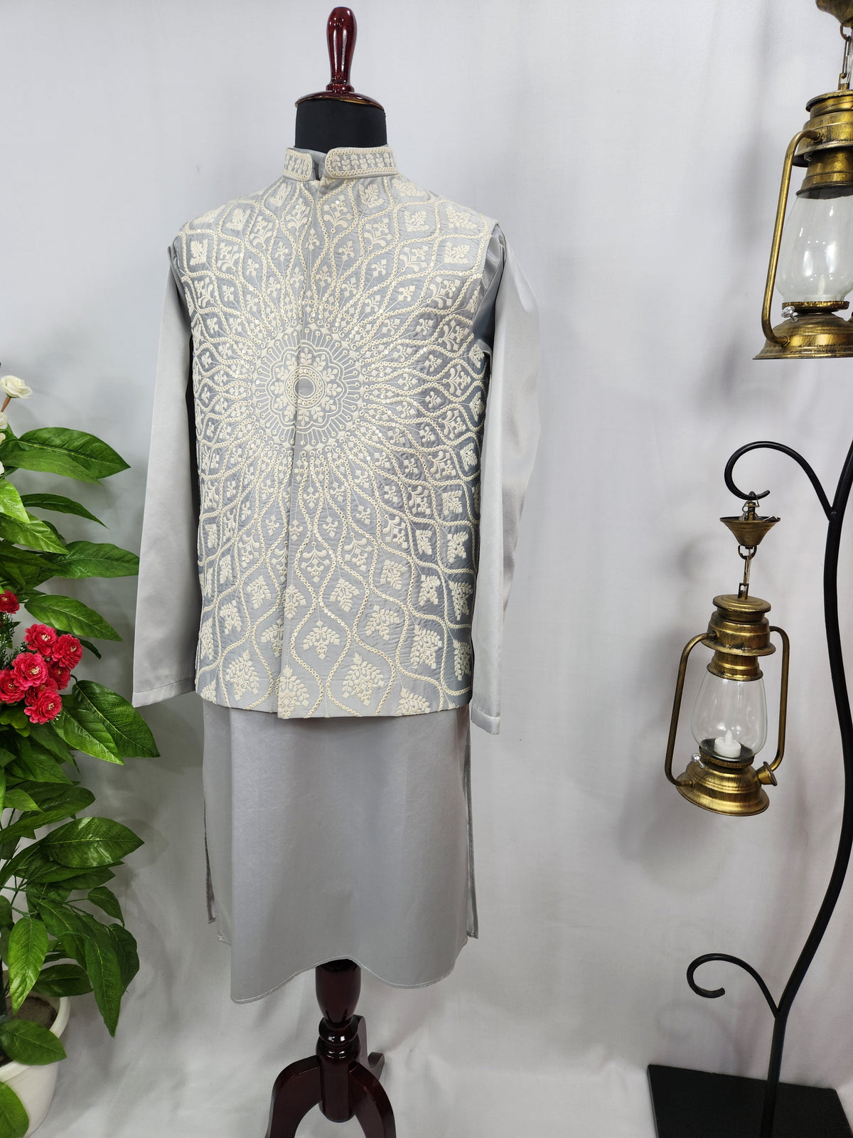 Gray Kurta Jacket Set for Wedding – Designer Indian Outfit
