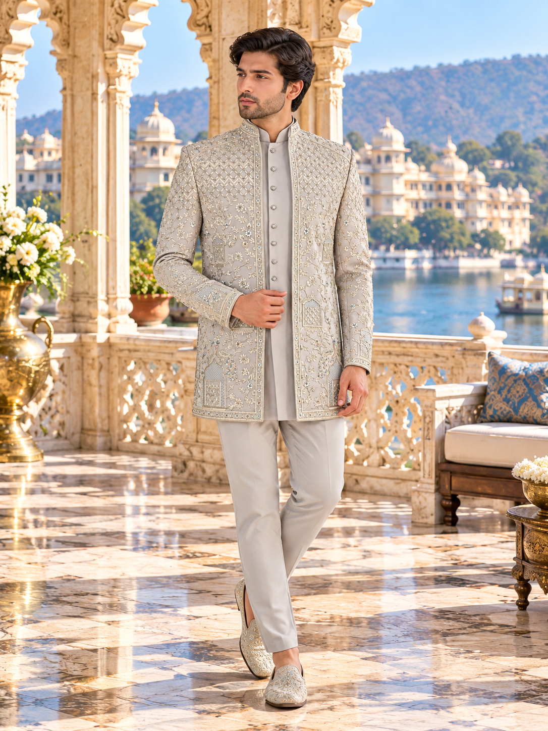 Gray Indo-Western Sherwani for Men | Indian Groom Wedding Outfit