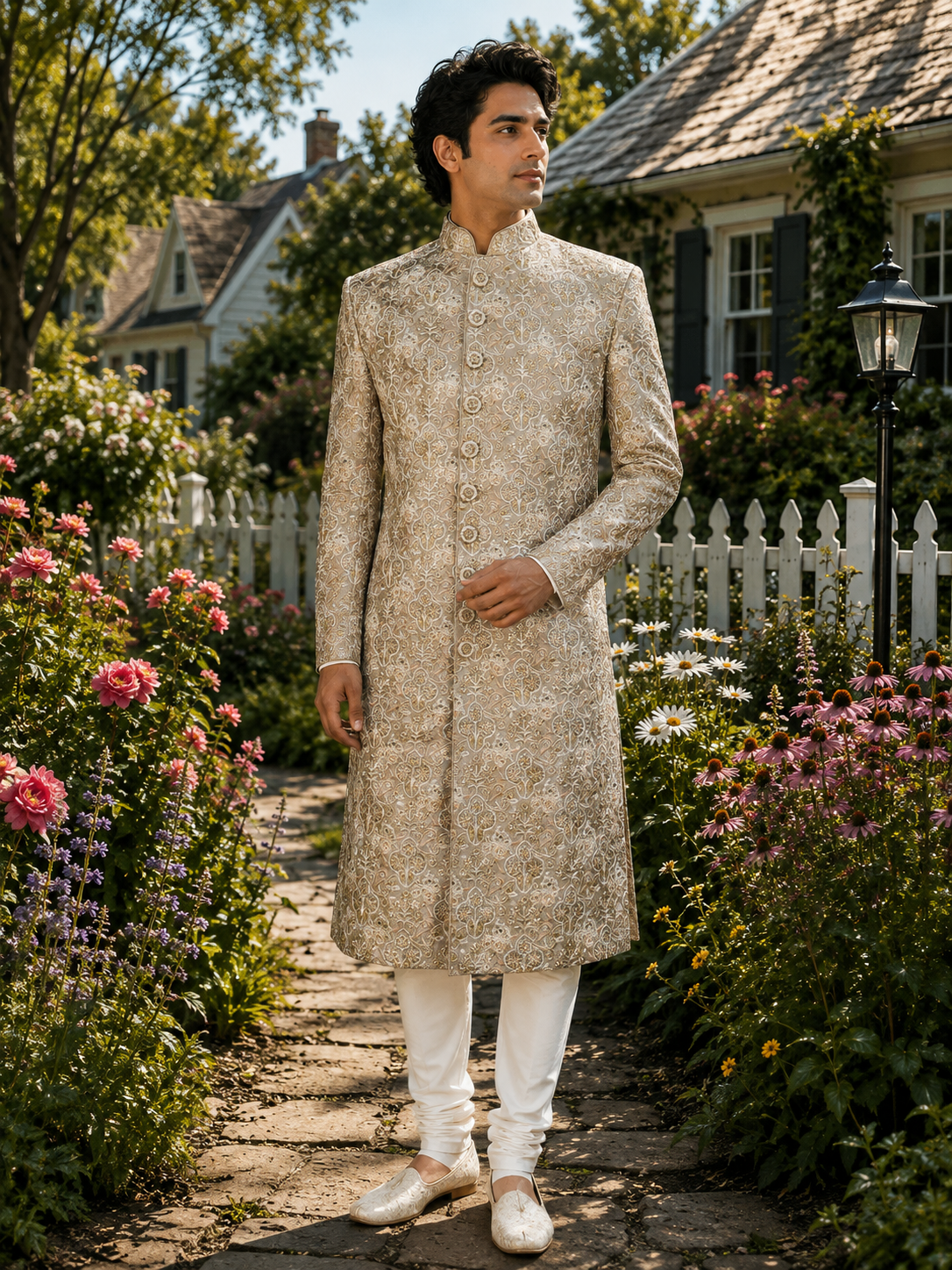 Gray Wedding Groom Sherwani - White Embroidery Work | Sherwani For Men