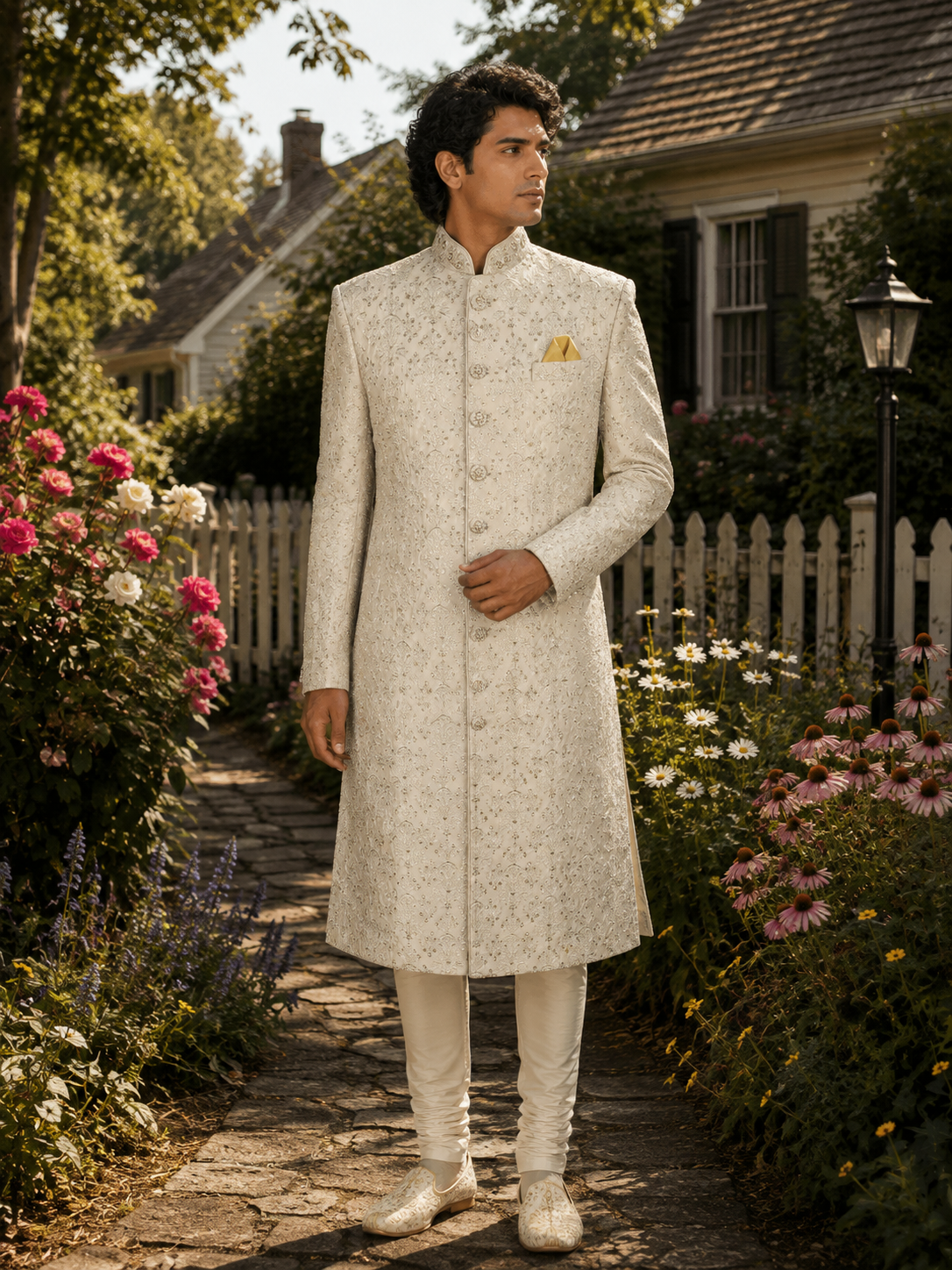 Light Golden Wedding Groom Sherwani - Zarkan Work | Sherwani For Men