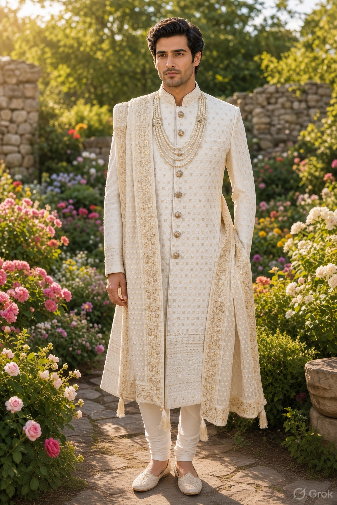 White Wedding Groom Sherwani - Soft Georgette Fabric | Sherwani For Men