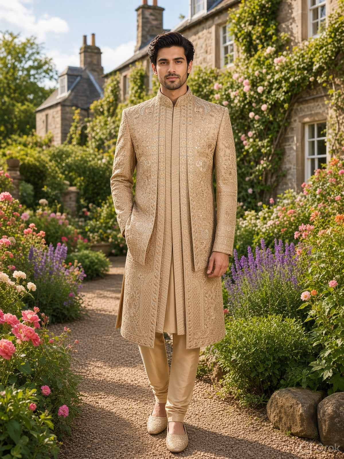 Golden Brown Groom Sherwani - Zari Embroidery | Sherwani For Men