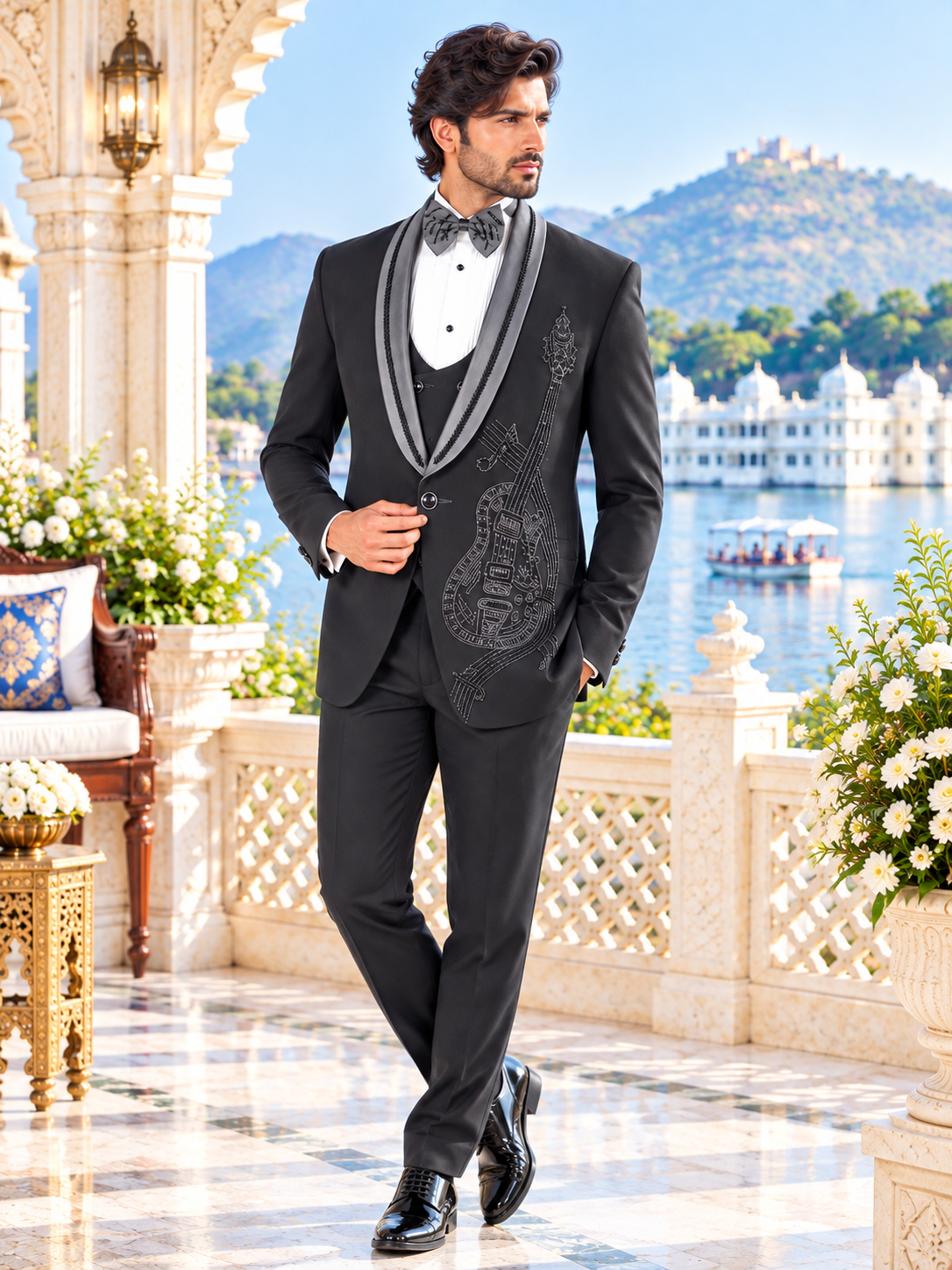 Guitar Design Men's Black Tuxedo Suit for Wedding | Indian Groom Reception Outfit