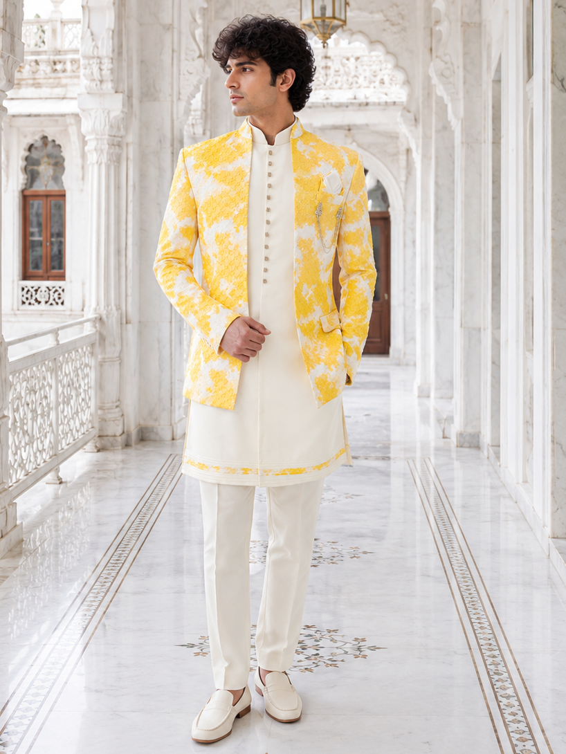 A man wearing a traditional Indian outfit stands in a grand, white marble corridor with arches and hanging lanterns. The outfit consists of a white kurta and trousers with a bright yellow and white patterned jacket, paired with white shoes.