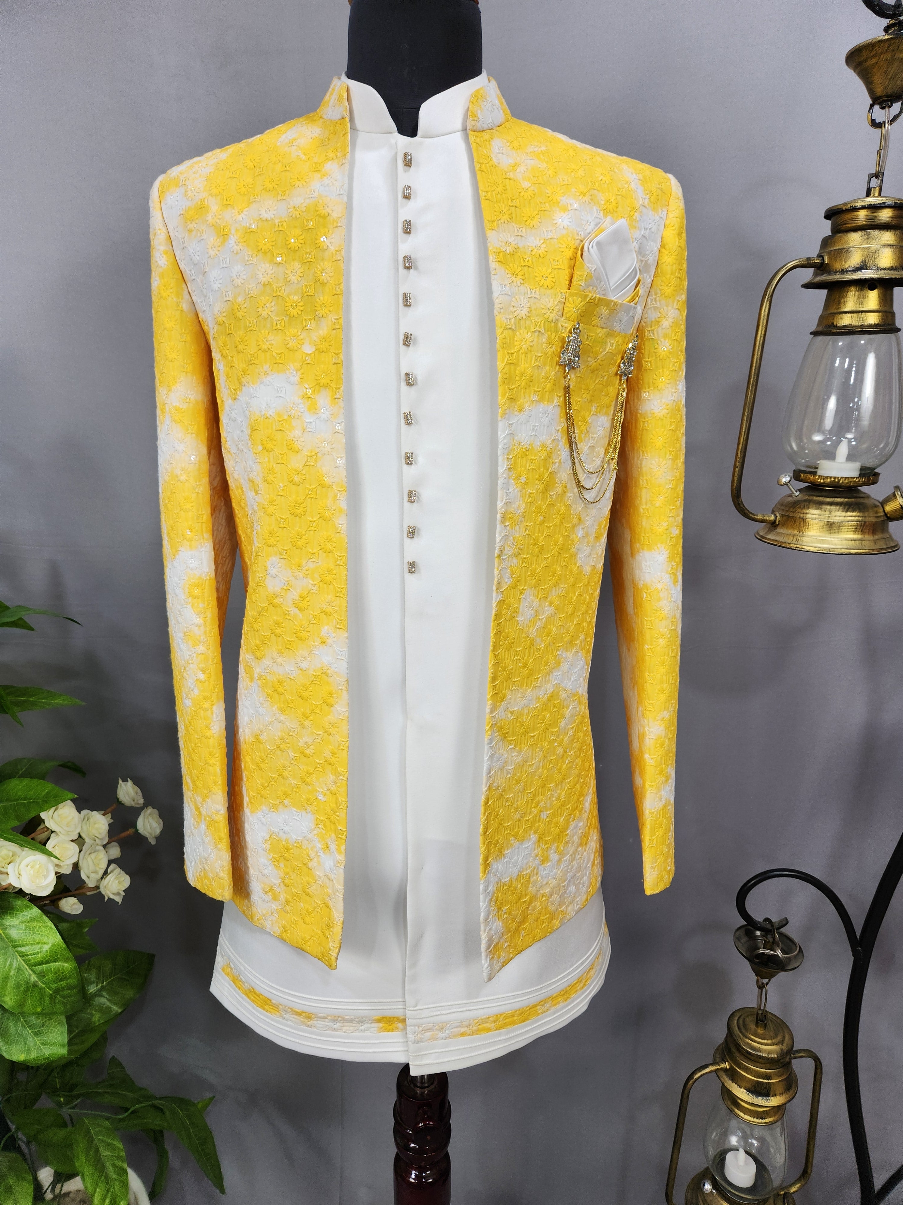 Yellow White Indo-Western Sherwani for Men | Indian Groom Wedding Outfit