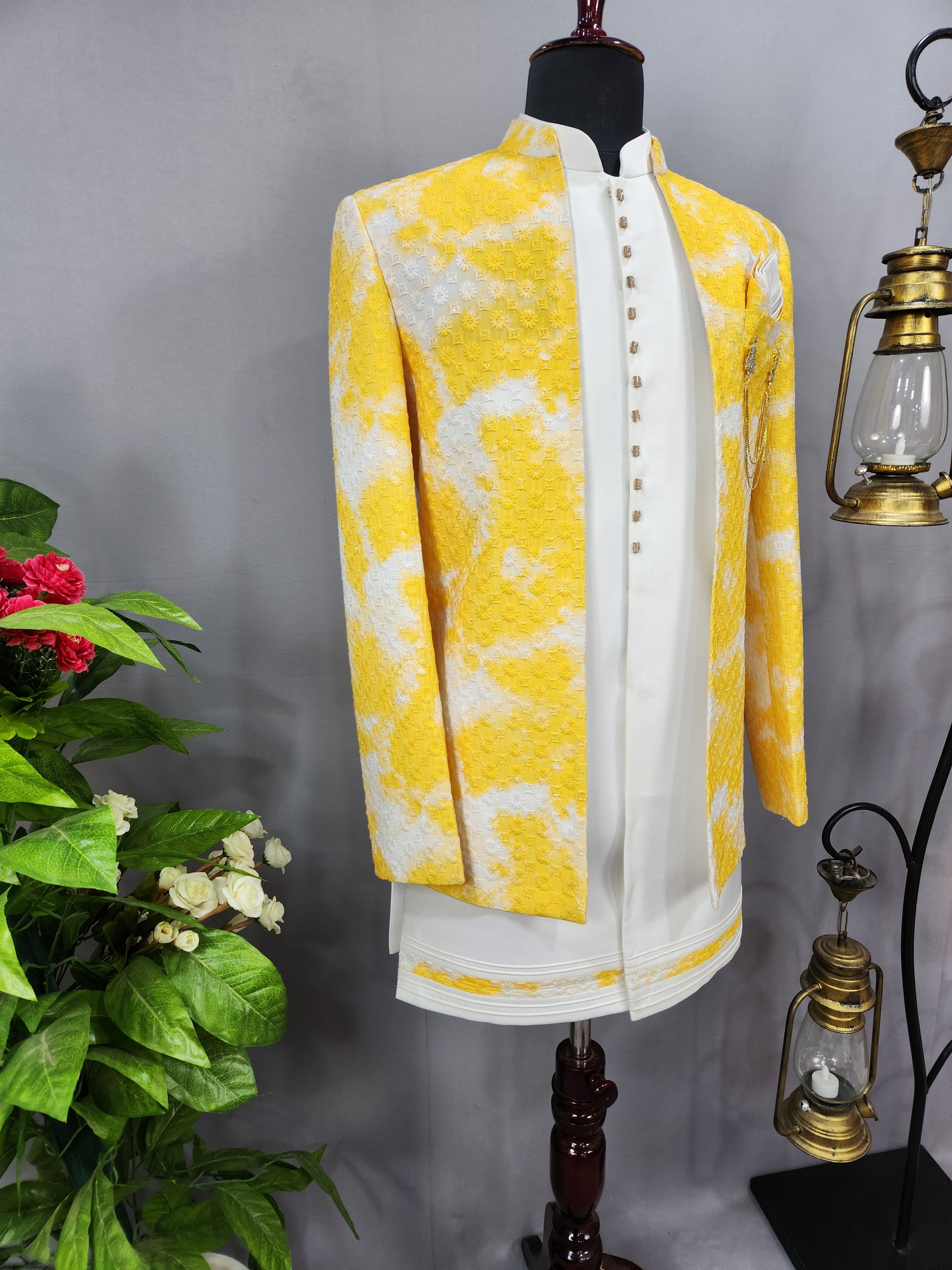 Yellow White Indo-Western Sherwani for Men | Indian Groom Wedding Outfit