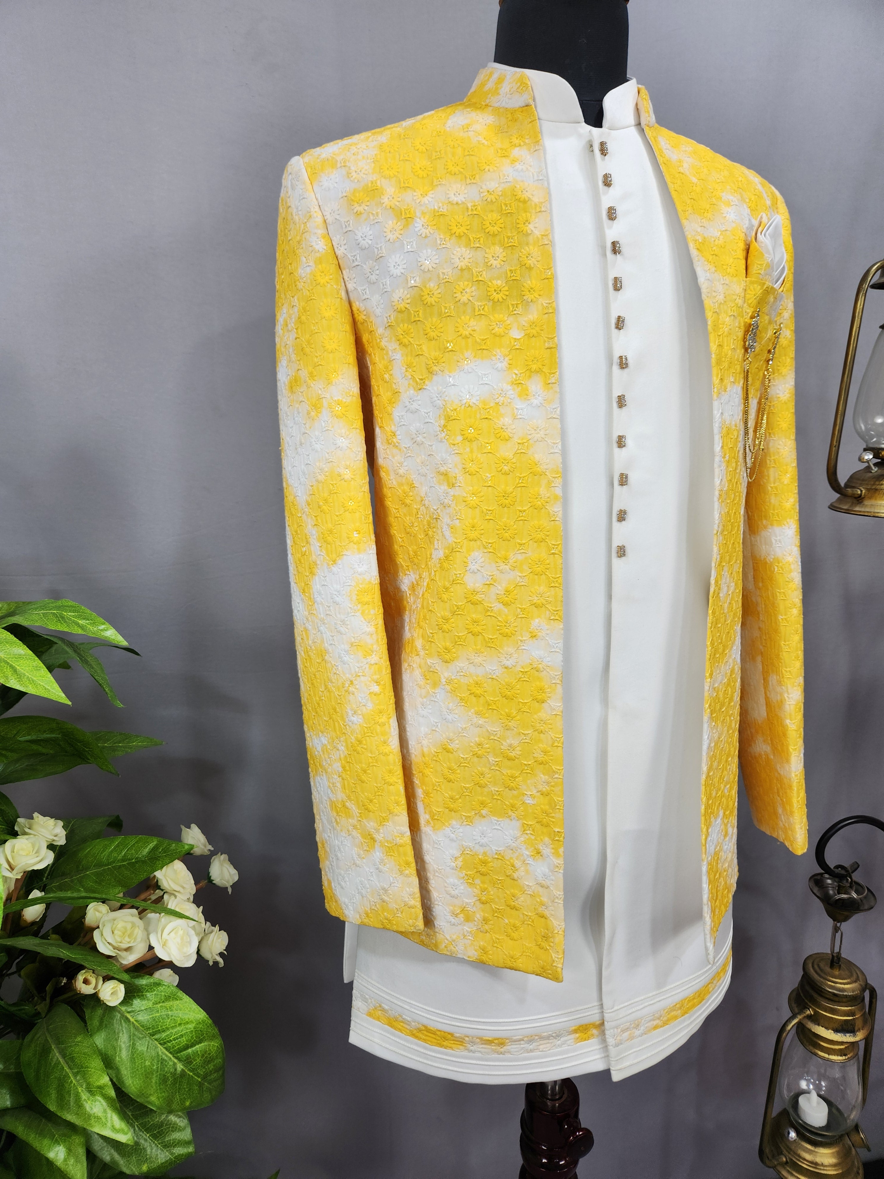 Yellow White Indo-Western Sherwani for Men | Indian Groom Wedding Outfit